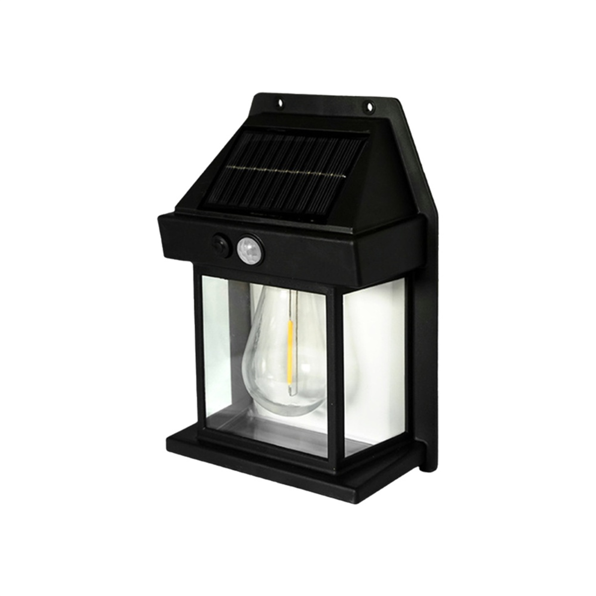Schwarze Solarlampe mit Licht und Solarpanel oben, an einer Wand montiert.