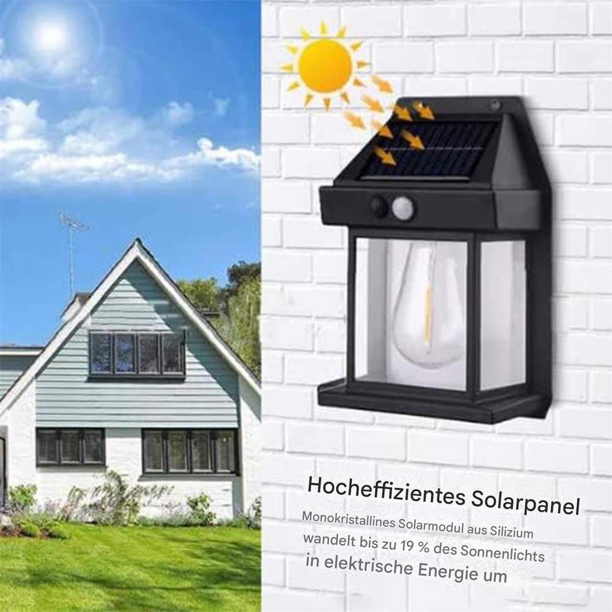 Solarbetriebene Leuchte an einer Ziegelmauer. Ein Haus und blauer Himmel im Hintergrund.