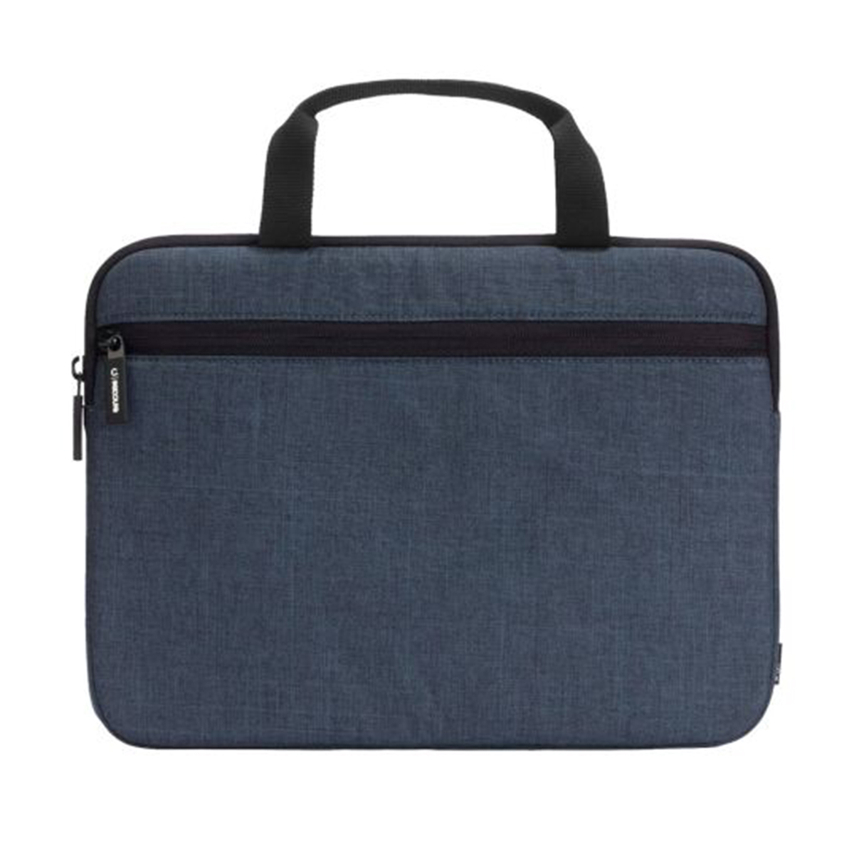 Una borsa blu per laptop con manico, cerniera e un piccolo logo.