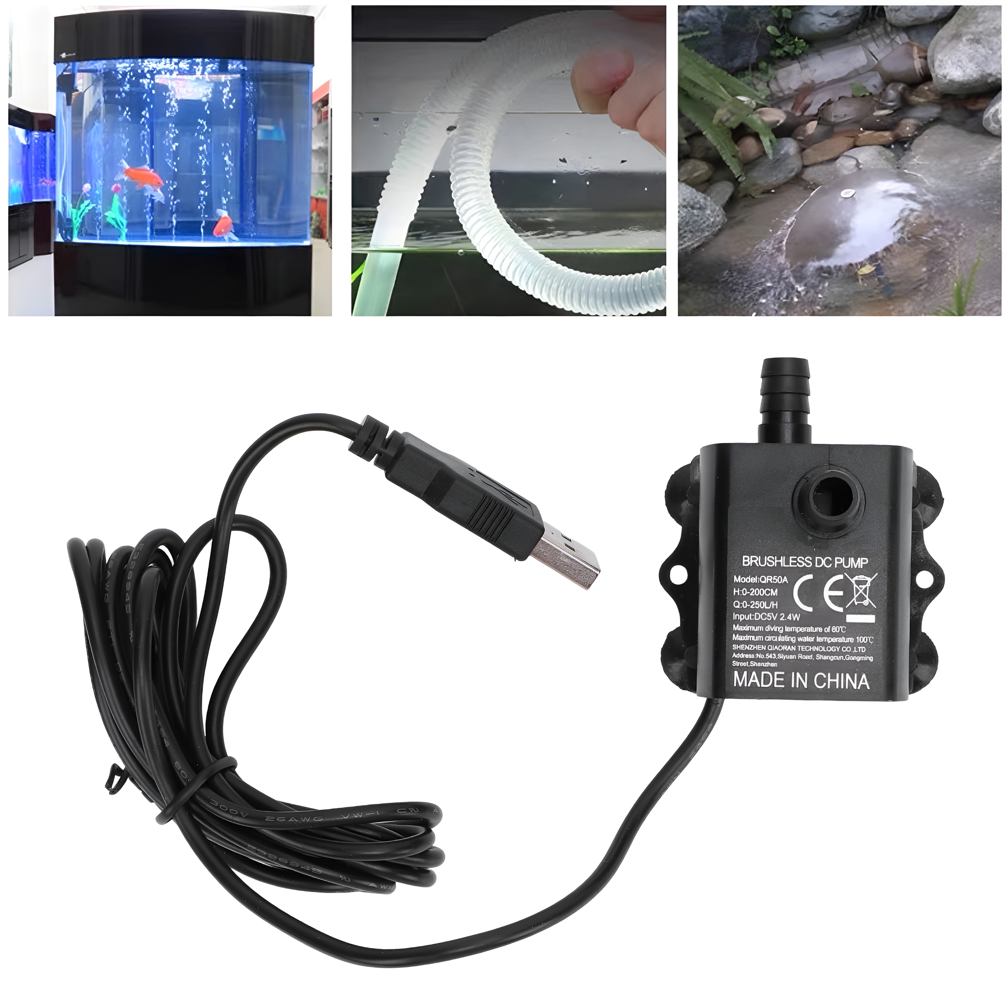 Aquarium und Pumpe mit Zubehör. Enthält Aquarium, Schlauch und Wasserpumpe.