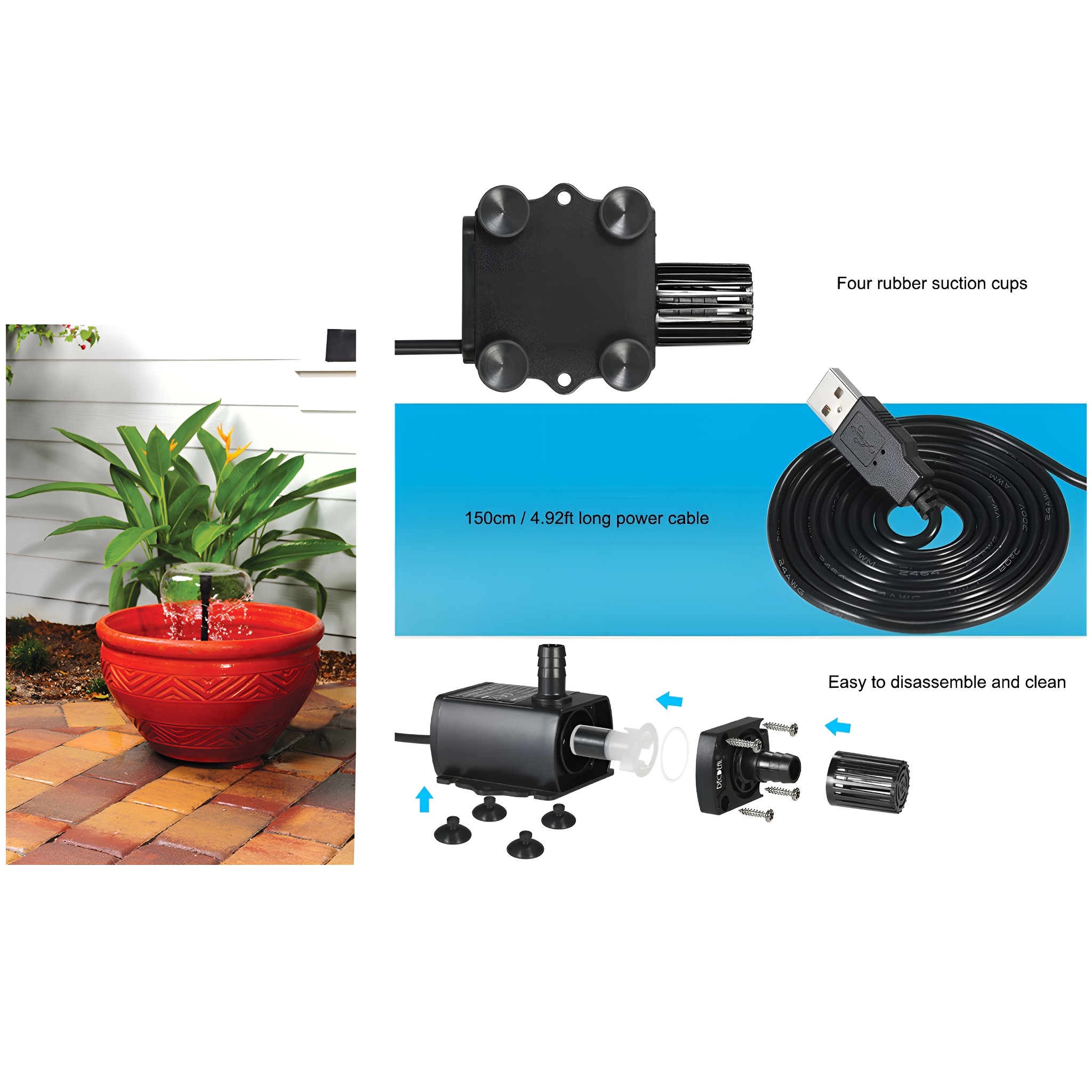 Brunnenpumpen-Kit mit rotem Topf. Zeigt die Pumpe, Schläuche und das USB-Stromkabel.