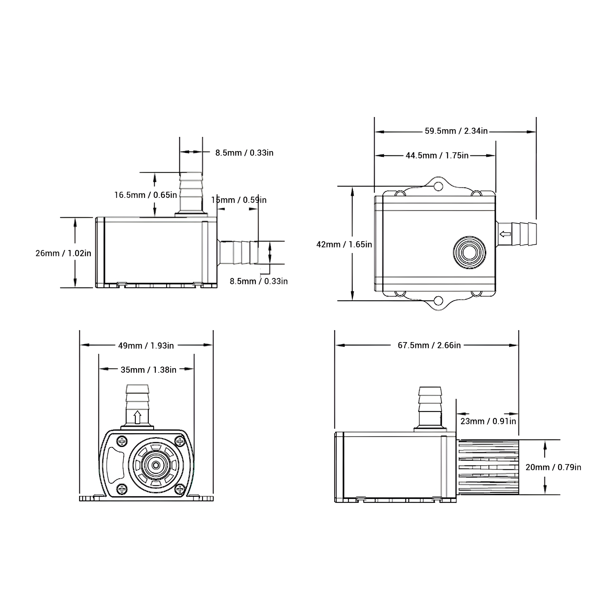 Technische Zeichnung einer Pumpe mit Abmessungen. Die Zeichnung zeigt verschiedene Ansichten der Pumpe.