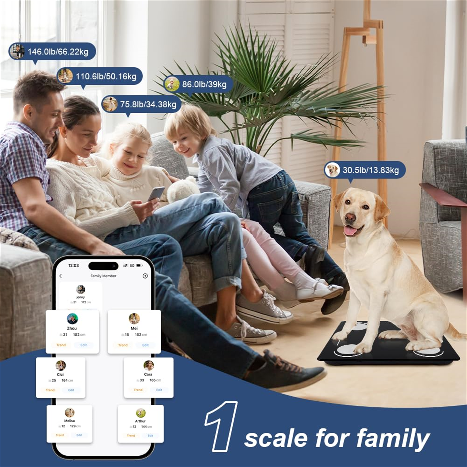 Eine Familie auf einem Sofa und ein Hund auf einer Waage. Ein Telefon zeigt Gewichtsdaten. Text: '1 Waage für Familie'.