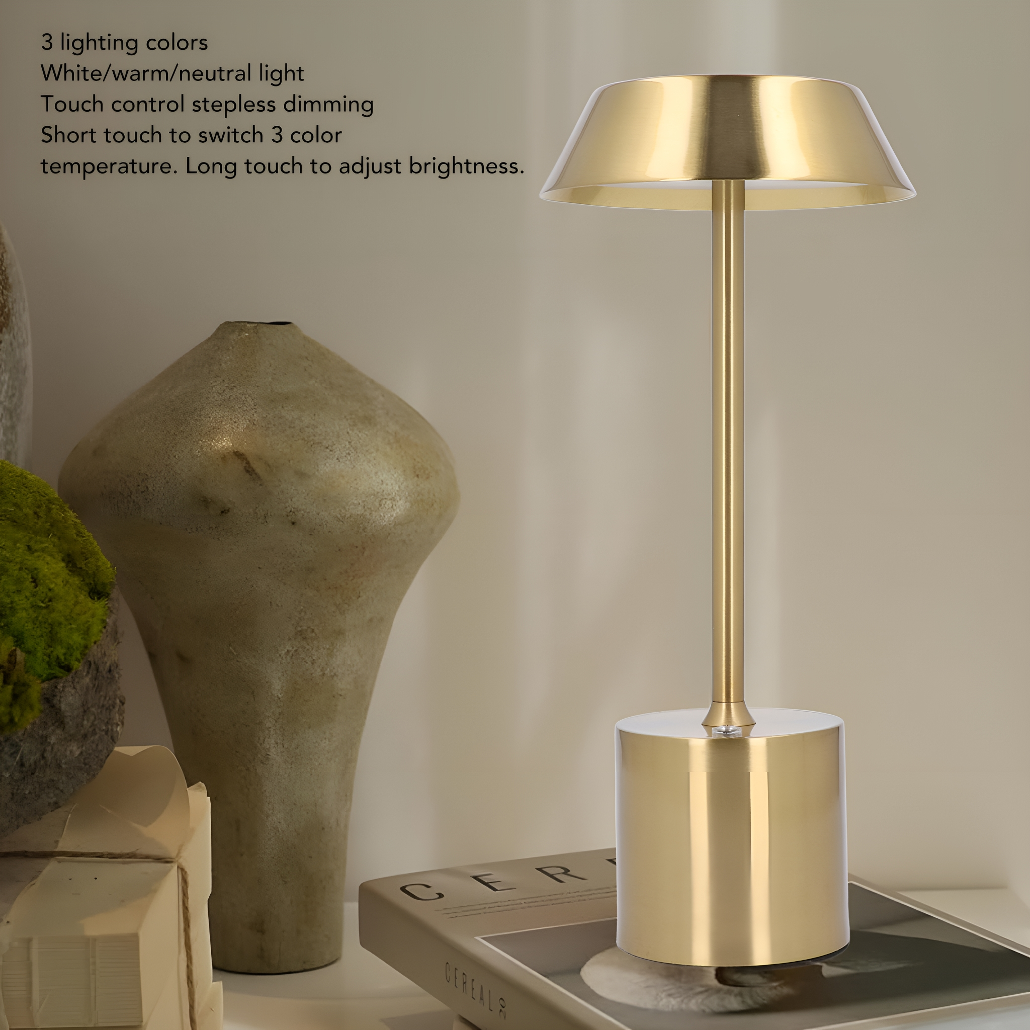 Goldene Tischlampe mit Text: 3 Beleuchtungsfarben, Touch-Steuerung, Helligkeit einstellen.