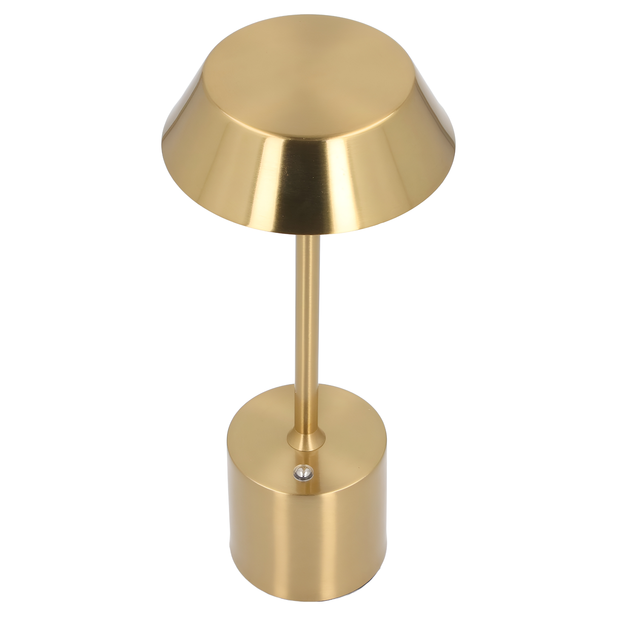 Goldene Tischlampe mit rundem Sockel, dünnem Stiel und rundem Schirm.