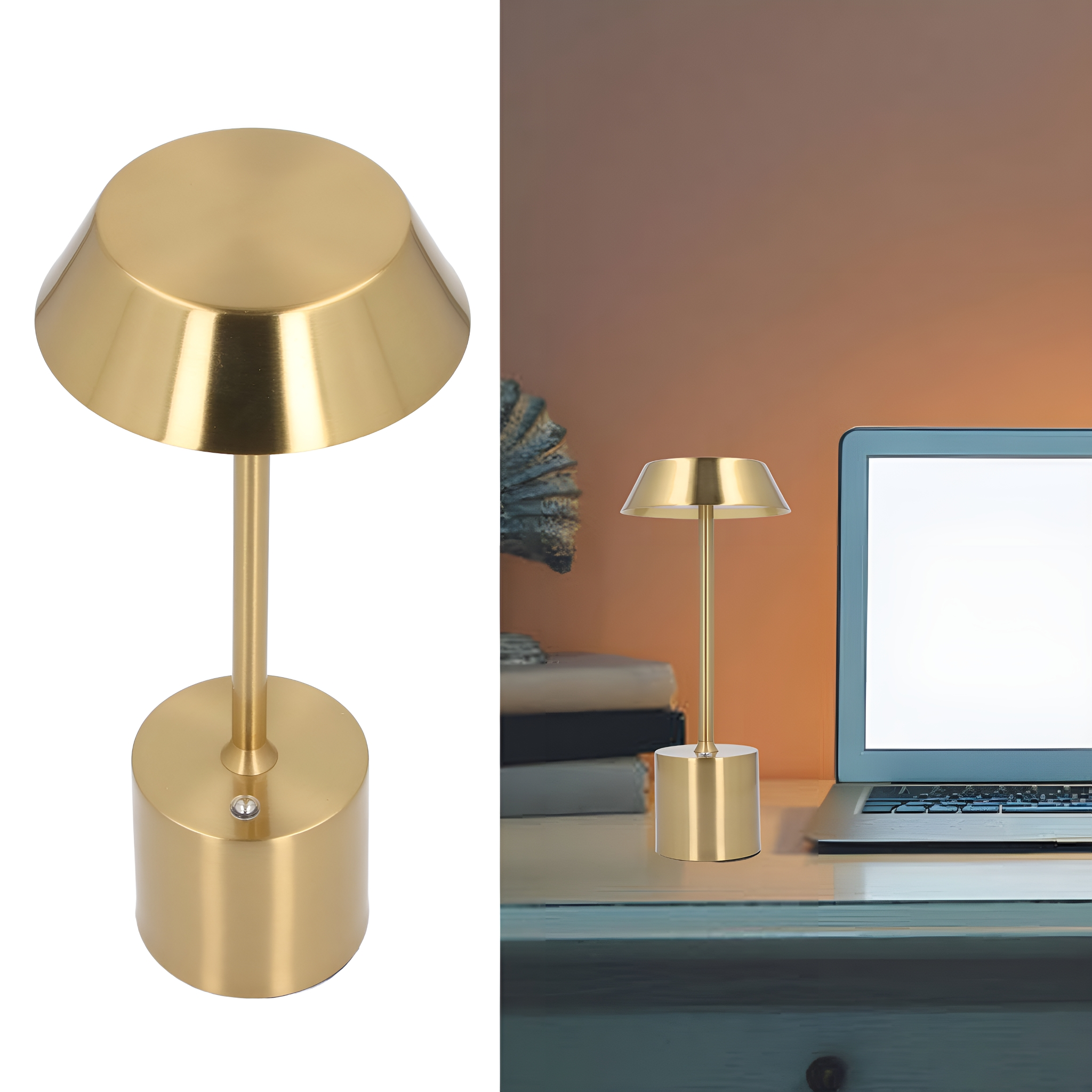 Goldfarbene Schreibtischlampe, auf einem Schreibtisch mit Laptop. Weißer Hintergrund.