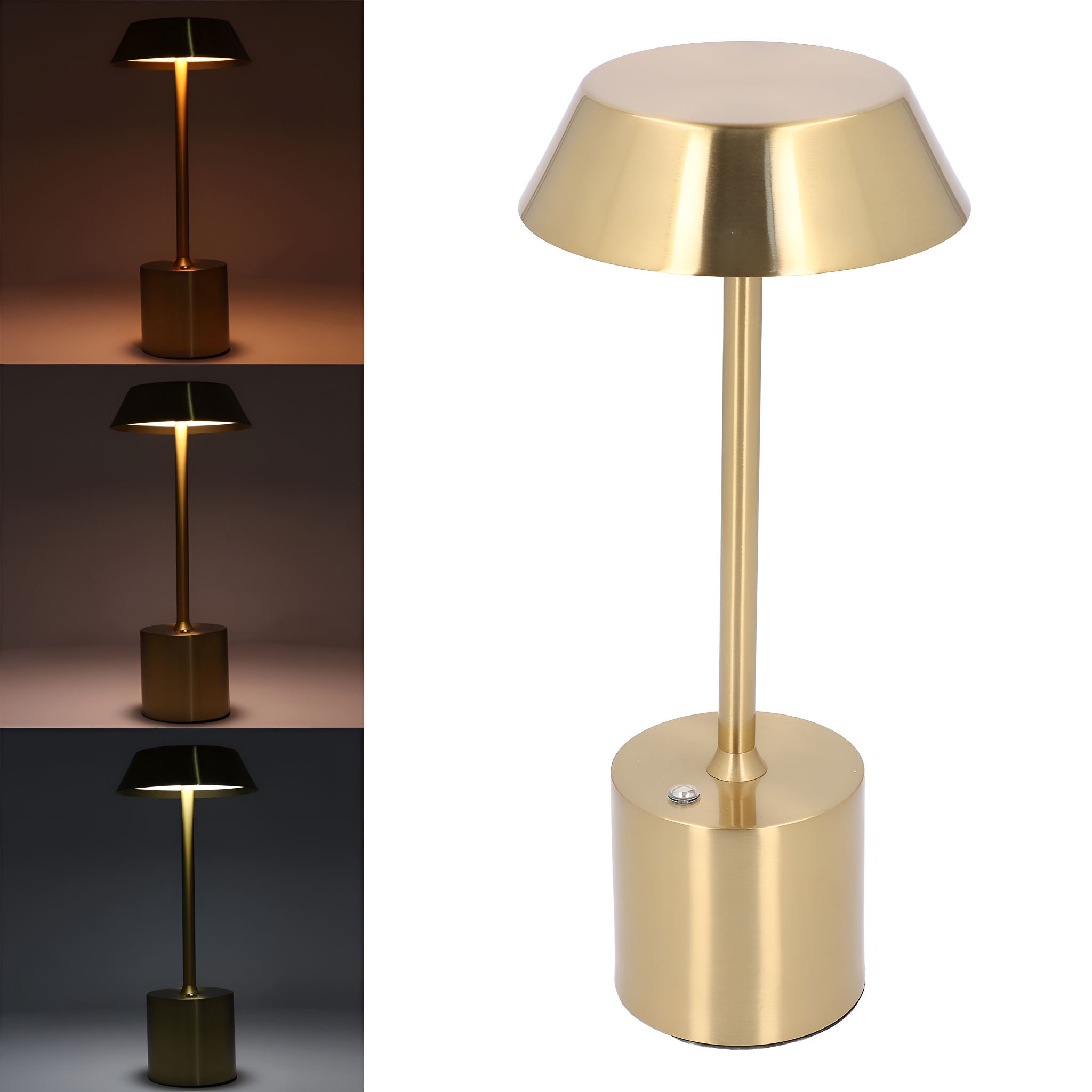 Goldene Tischlampe mit drei Lichteinstellungen. Sie hat einen runden Fuß und einen konischen Schirm.