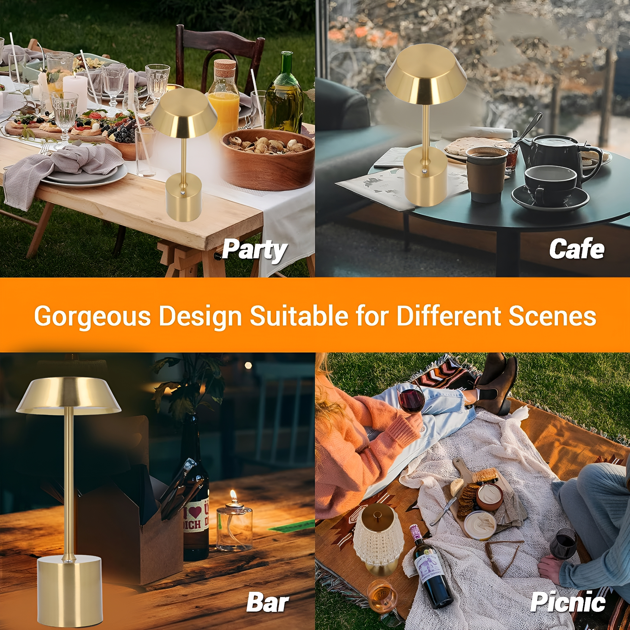 Vier Bilder, die eine goldene Lampe in verschiedenen Umgebungen zeigen: Party, Café, Bar, Picknick. Der Hintergrund variiert.