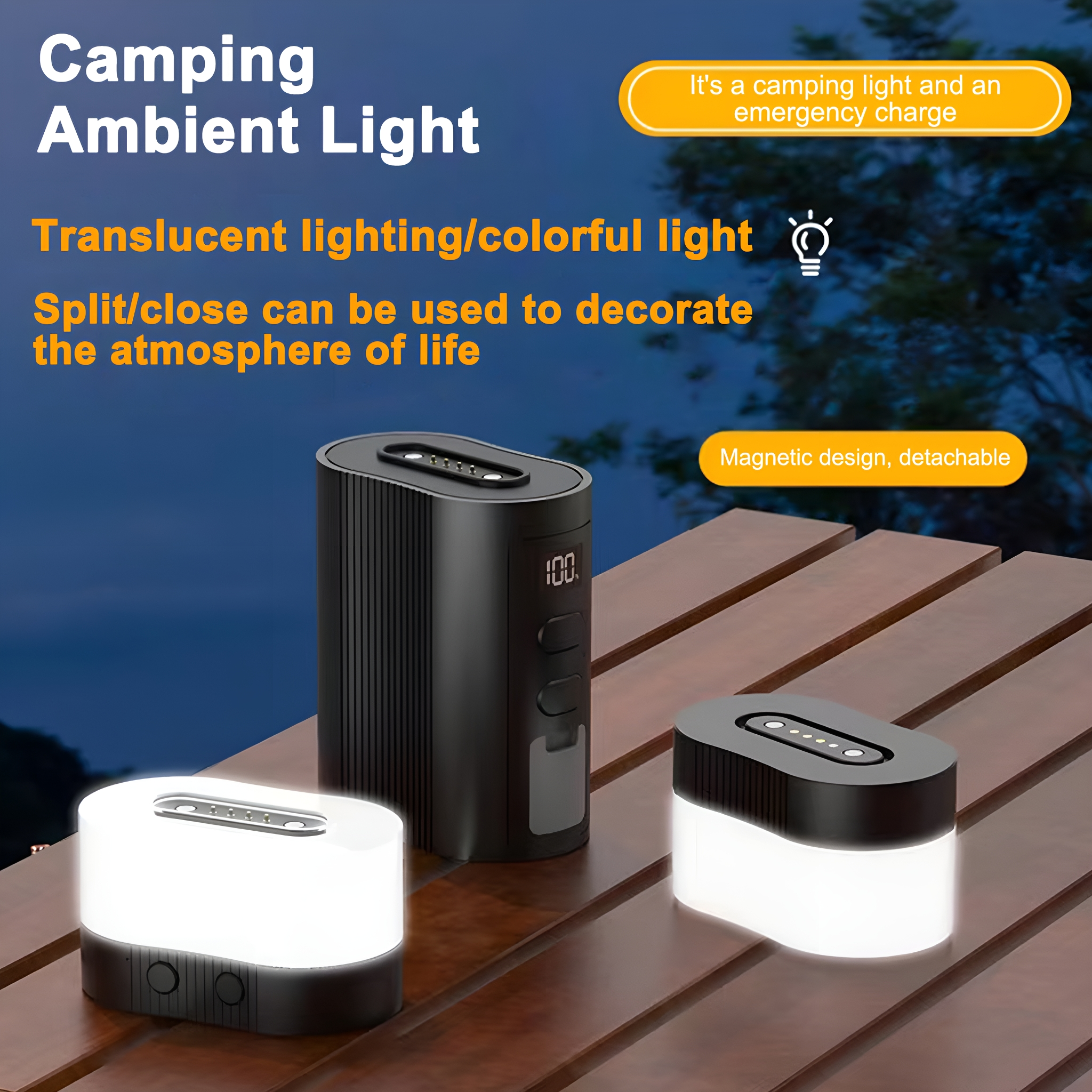 Camping-Umgebungslicht mit drei Lichtern auf einer Holzoberfläche mit Nachtkulisse.