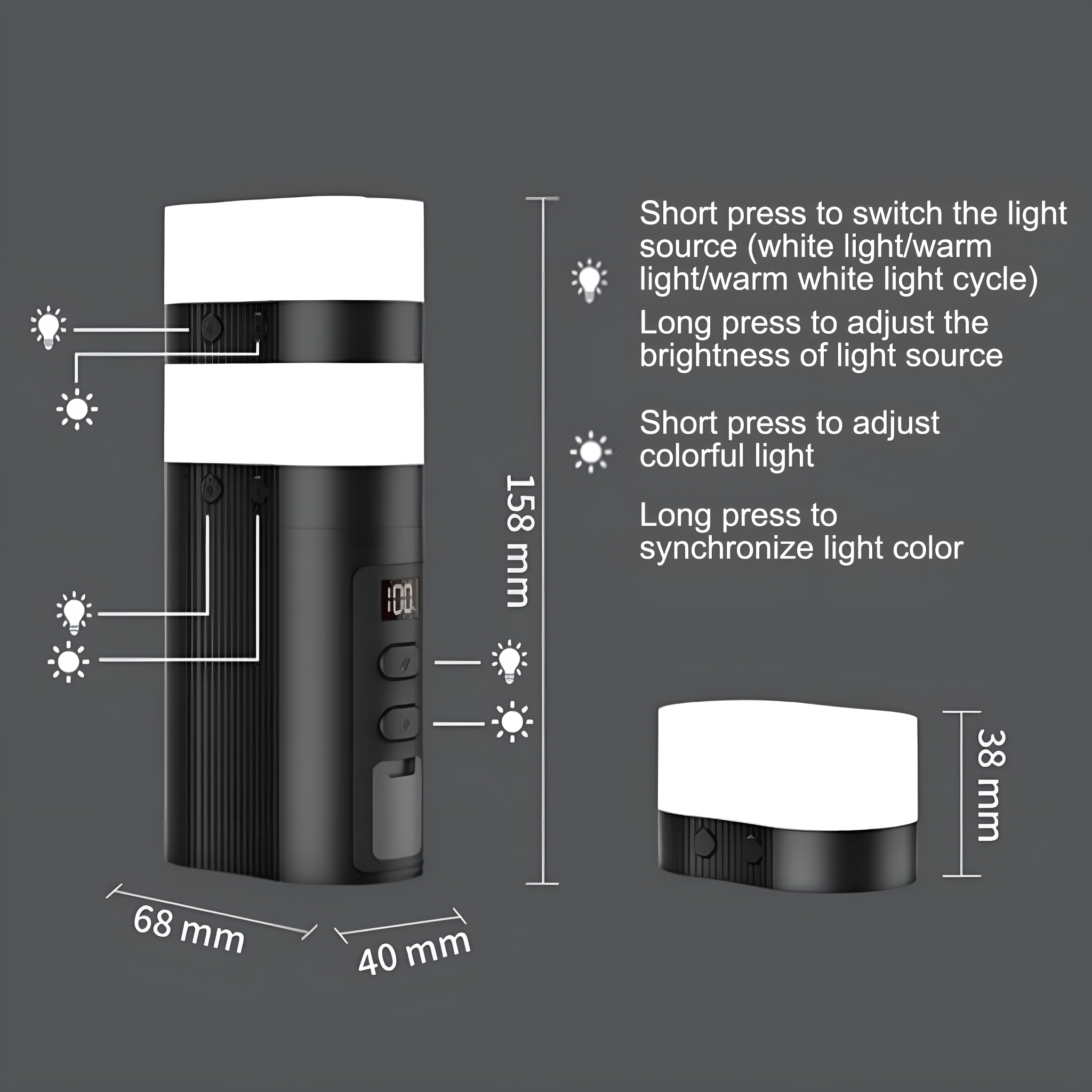 Schwarz-weiße Lampe mit Abmessungen, mit Text zur Lichtanpassung und -synchronisation.