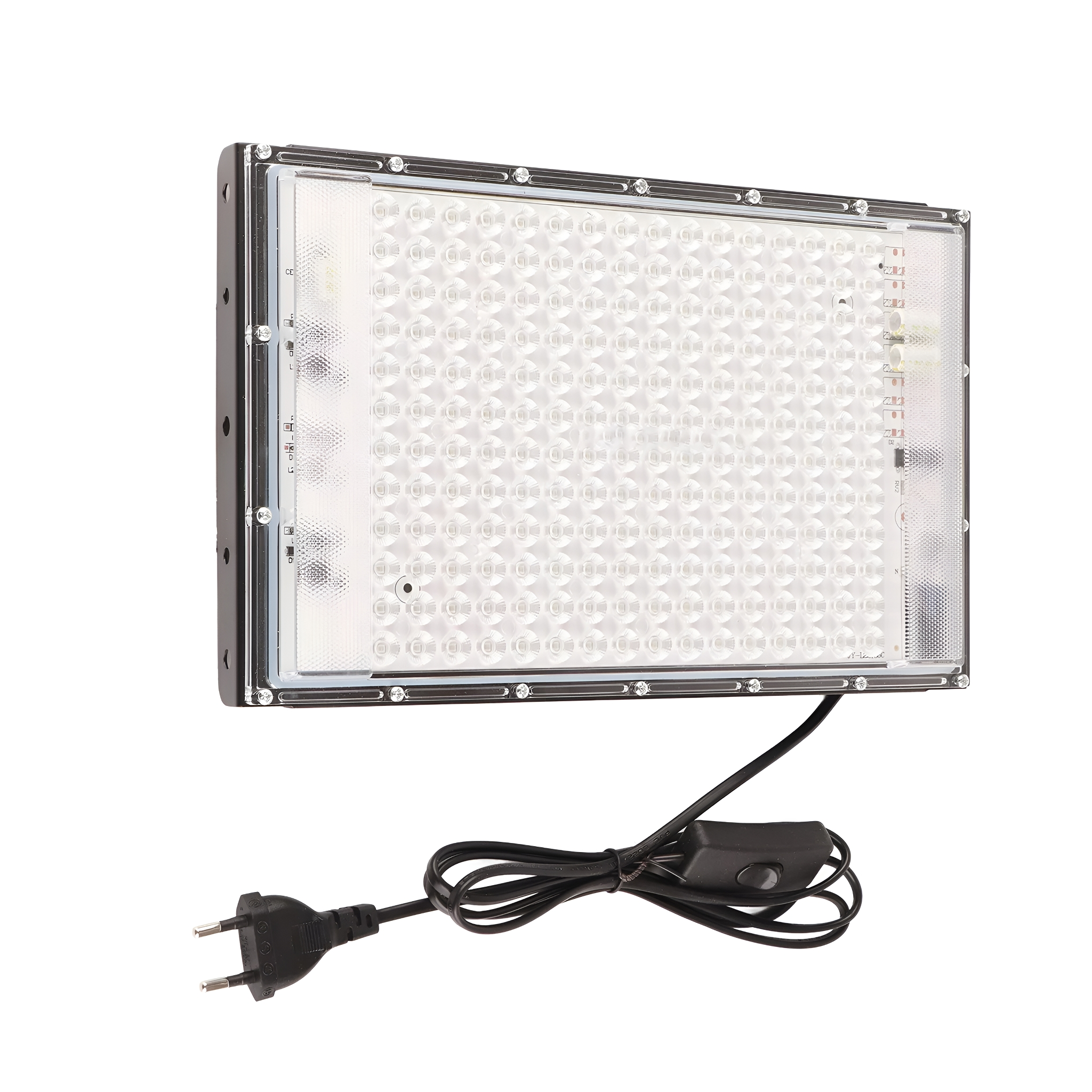 Rechteckiges LED-Panel mit schwarzem Rahmen. Angeschlossen. Weißer Hintergrund.