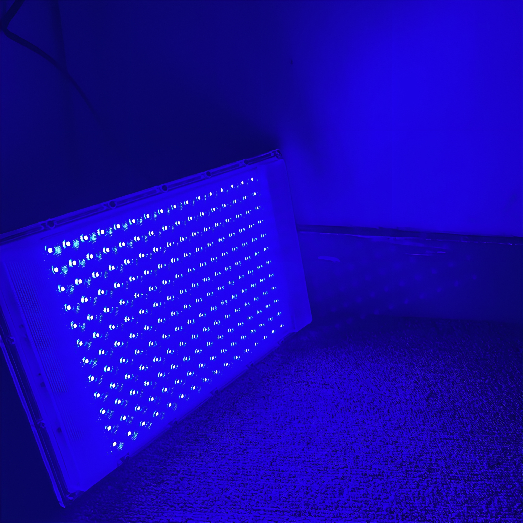Blaues LED-Panel beleuchtet. Es hat viele kleine Lichter vor dunklem Hintergrund.