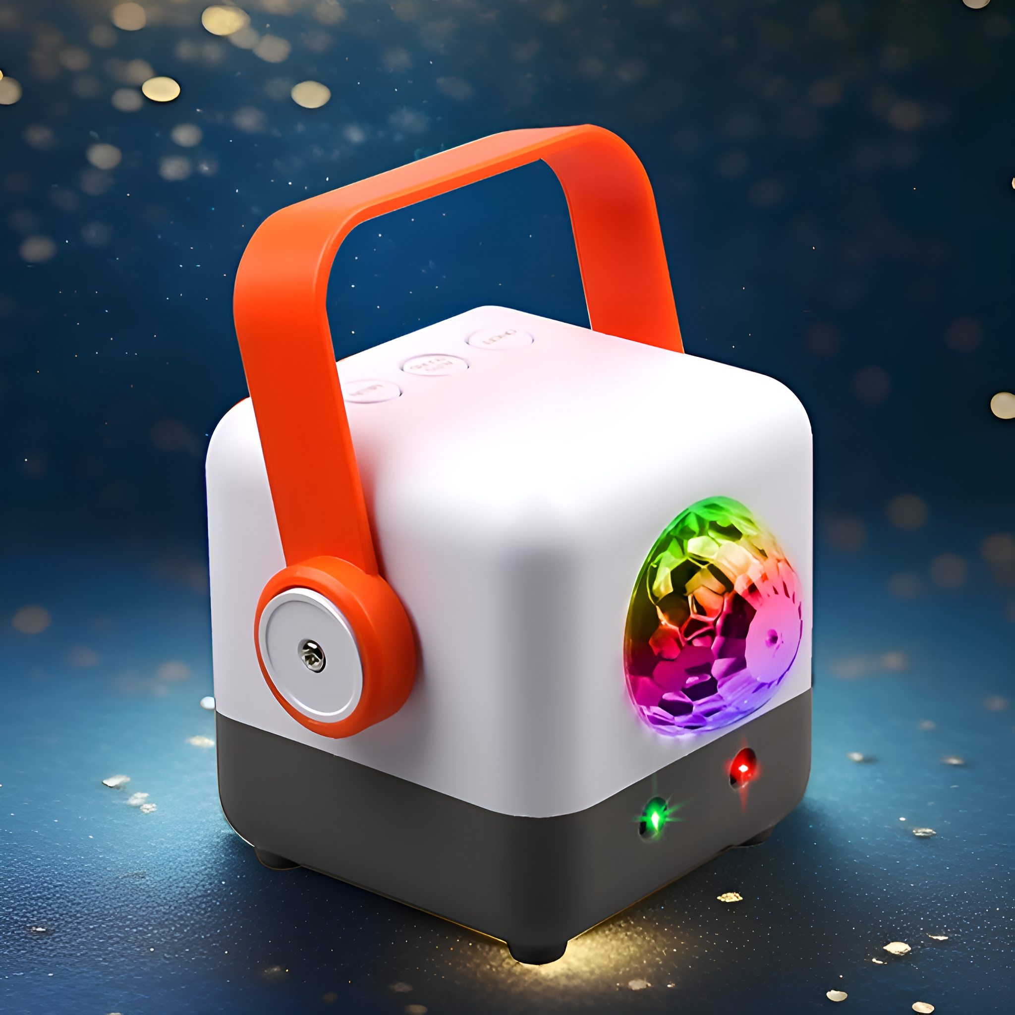 Weiß-grauer Lautsprecher mit orangefarbenem Griff. Der Lautsprecher projiziert ein Regenbogenlicht.