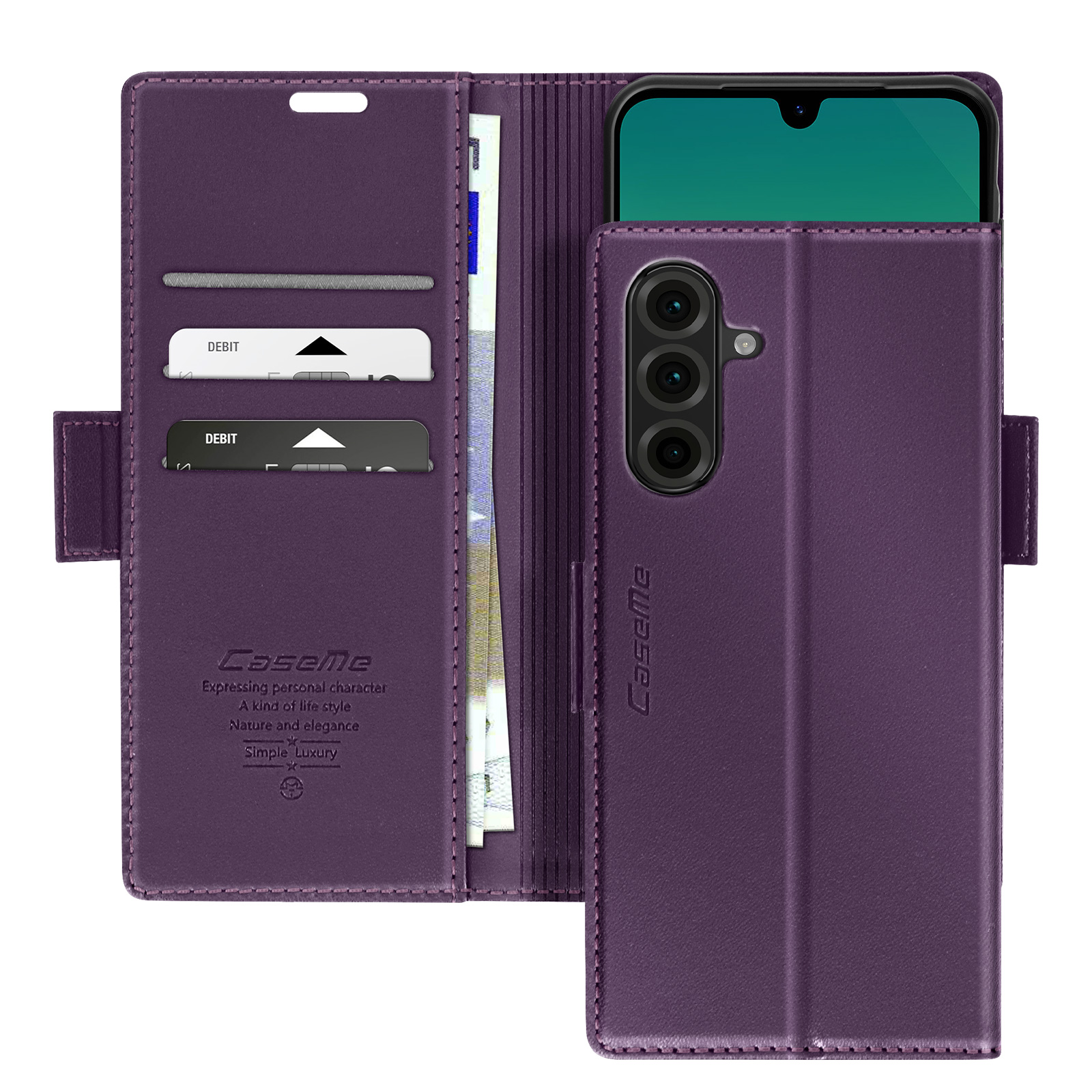 Ein lila Handy-Geldbörsenetui mit sichtbarem Telefon und Karten, sowie einem 'Caseme'-Logo.