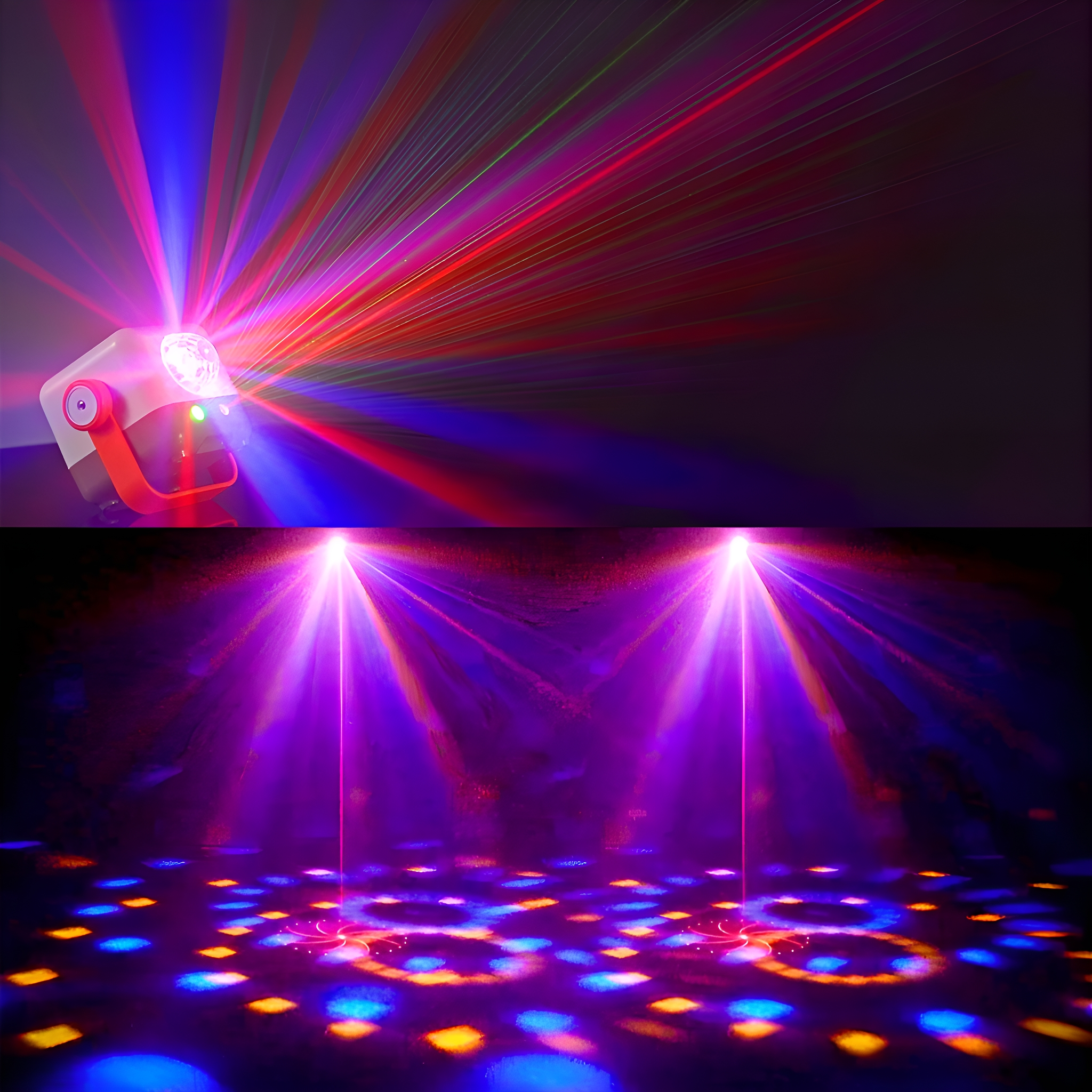 Ein Lichtprojektor mit einer roten und blauen Laserlichtshow. Die Lichter sind auf dunklem Hintergrund.