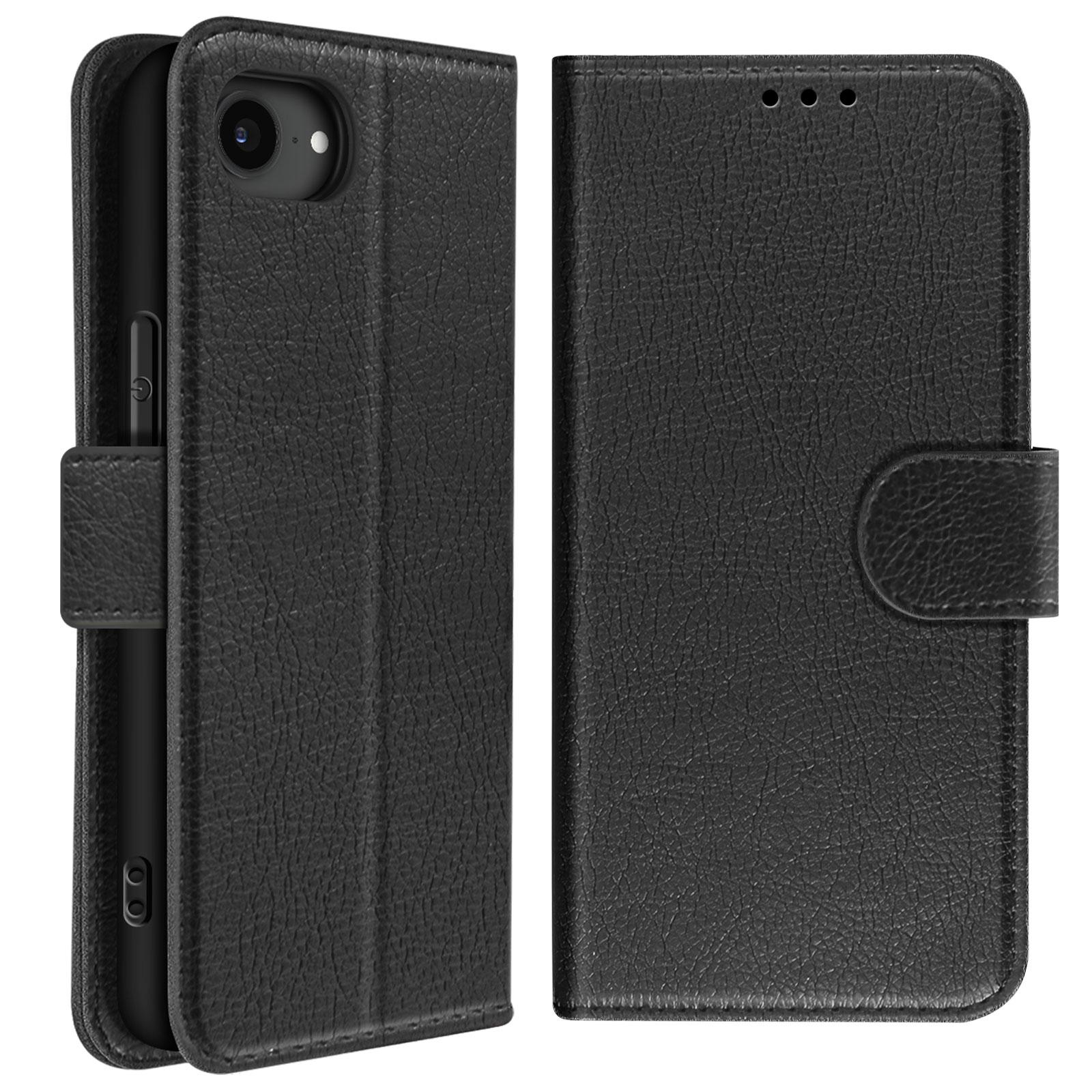 Custodia per telefono in pelle nera, aperta e chiusa, con foro per la fotocamera e chiusura a bottone.