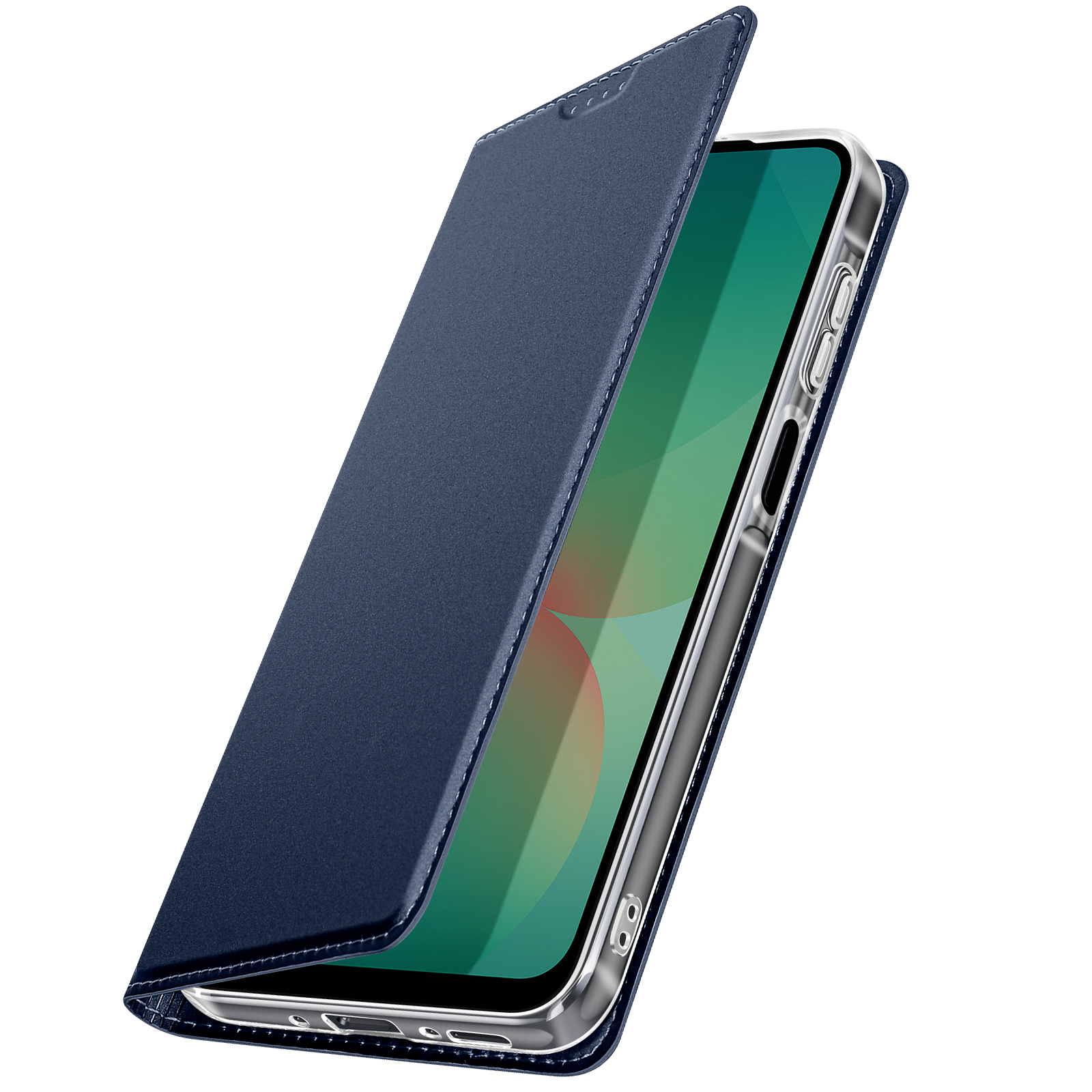 Una custodia blu per telefono con coperchio aperto. Lo schermo del telefono è visibile.