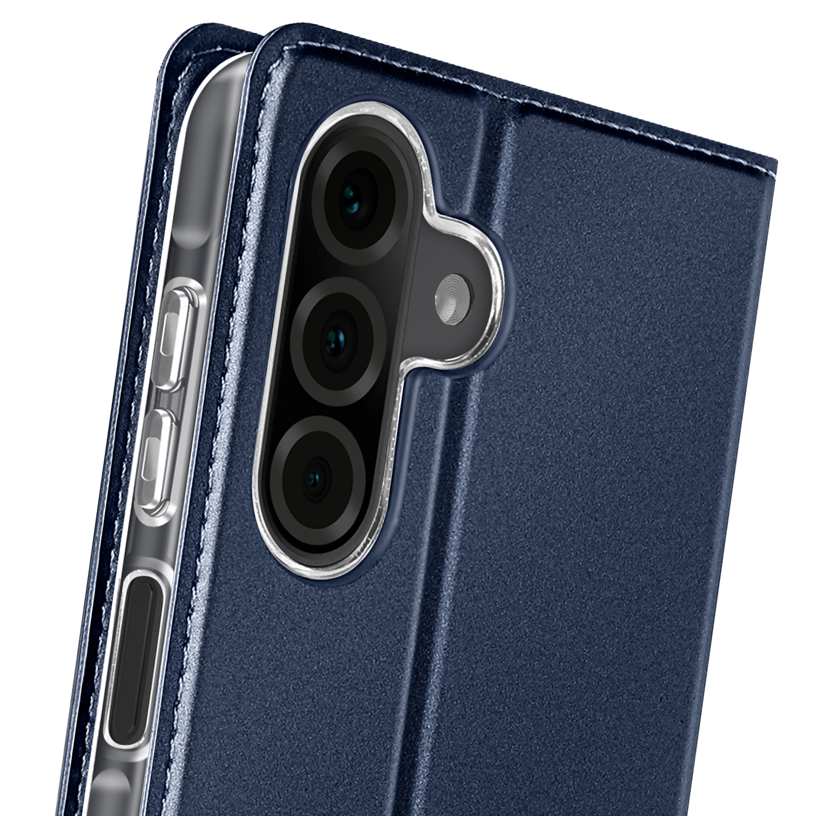 Primo piano di una custodia blu per telefono con lenti della fotocamera visibili.