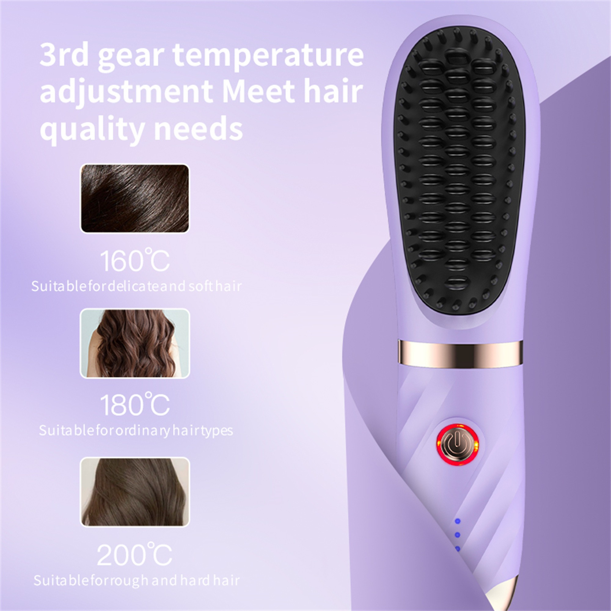 Eine lila Haarglättungsbürste, mit Temperatureinstellungen und Haarproben.