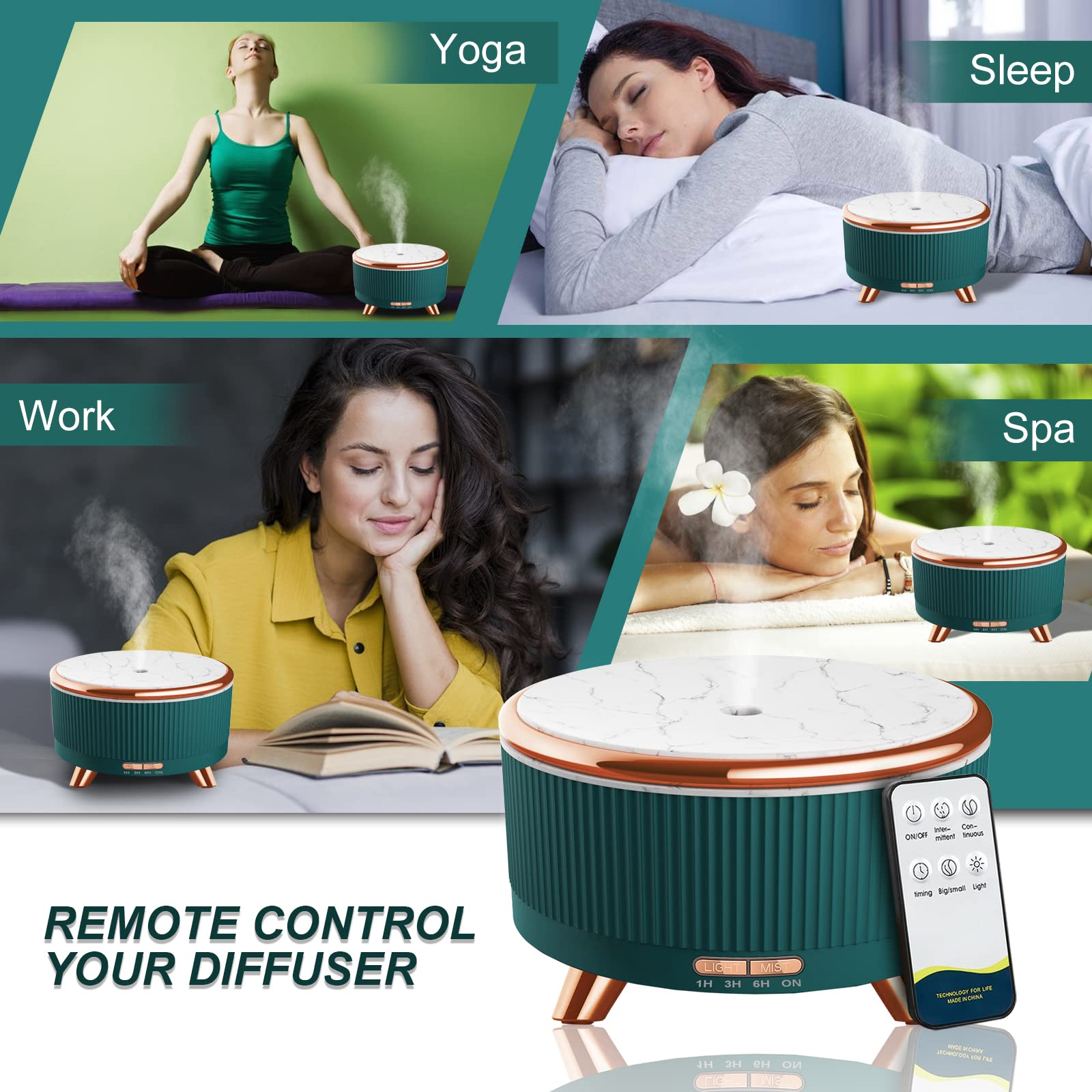 Ein Aroma-Diffusor mit Fernbedienung wird in verschiedenen Umgebungen gezeigt: Yoga, Schlaf, Arbeit und Spa.