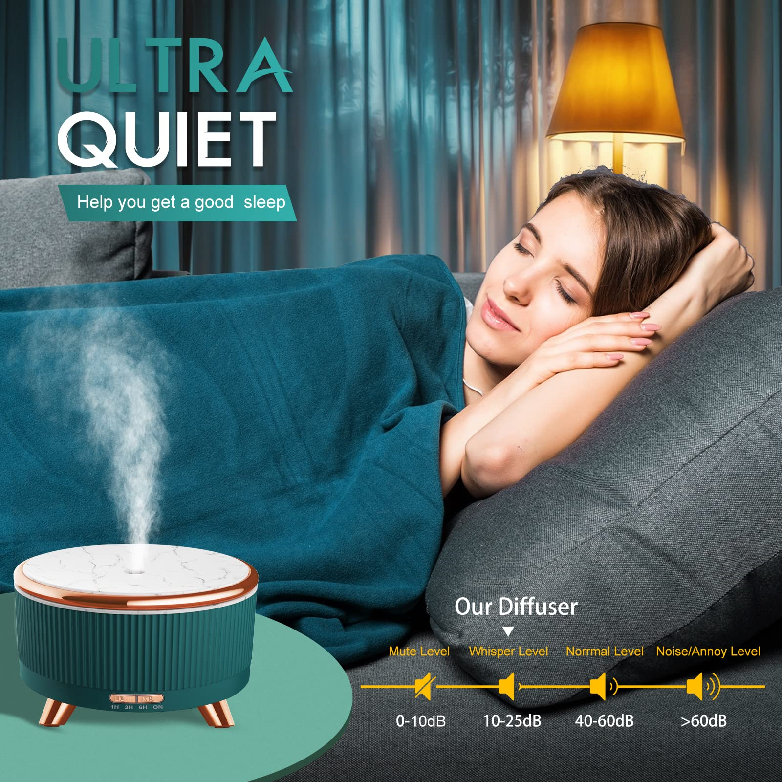 Frau schläft neben einem Luftbefeuchter. Text: 'Ultra Quiet' und Geräuschpegel.