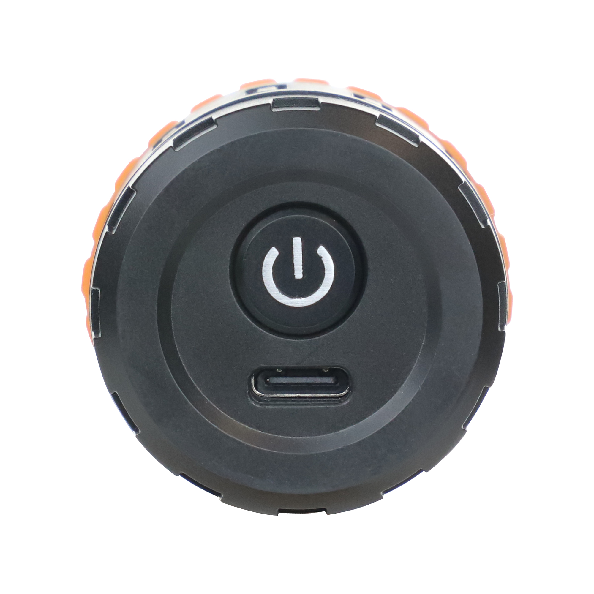 Czarny i pomarańczowy aparat z przyciskiem zasilania. Aparat jest cylindryczny z małym obiektywem.