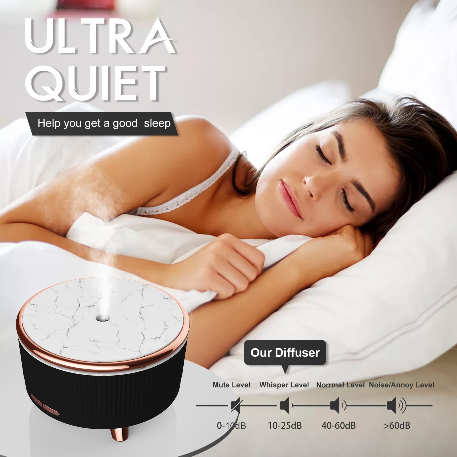 Frau schläft neben Diffusor mit Marmorplatte. Text: Ultra Quiet, Our Diffuser.