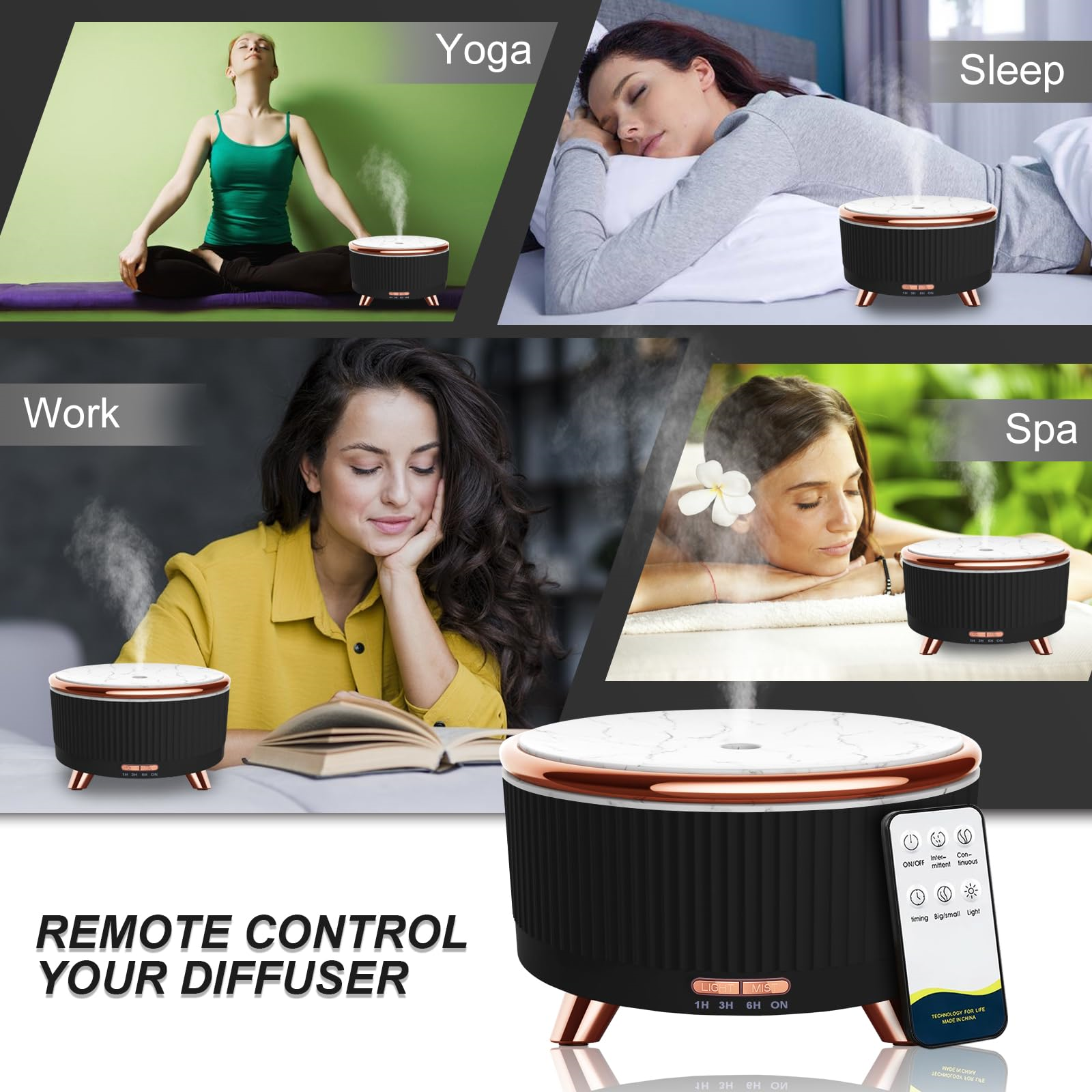 Diffusor mit 4 Szenen: Yoga, Schlaf, Arbeit, Spa. Eine Fernbedienung ist ebenfalls vorhanden.