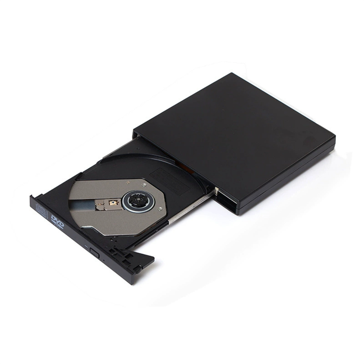 Schwarzes DVD-Laufwerk, teilweise geöffnet. Die Disc ist innen. Weißer Hintergrund.