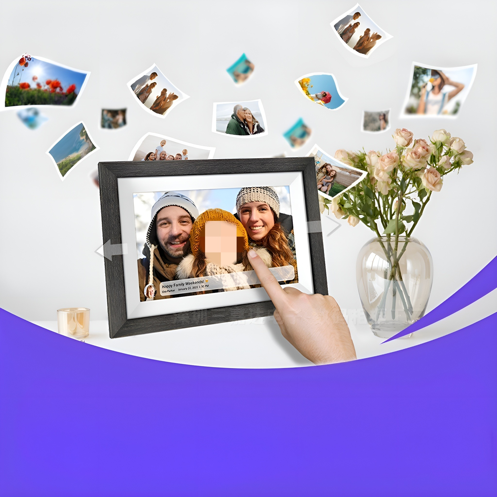 Digitaler Bilderrahmen, der ein Familienfoto anzeigt, mit schwebenden Fotos und einer Hand, die ihn berührt.