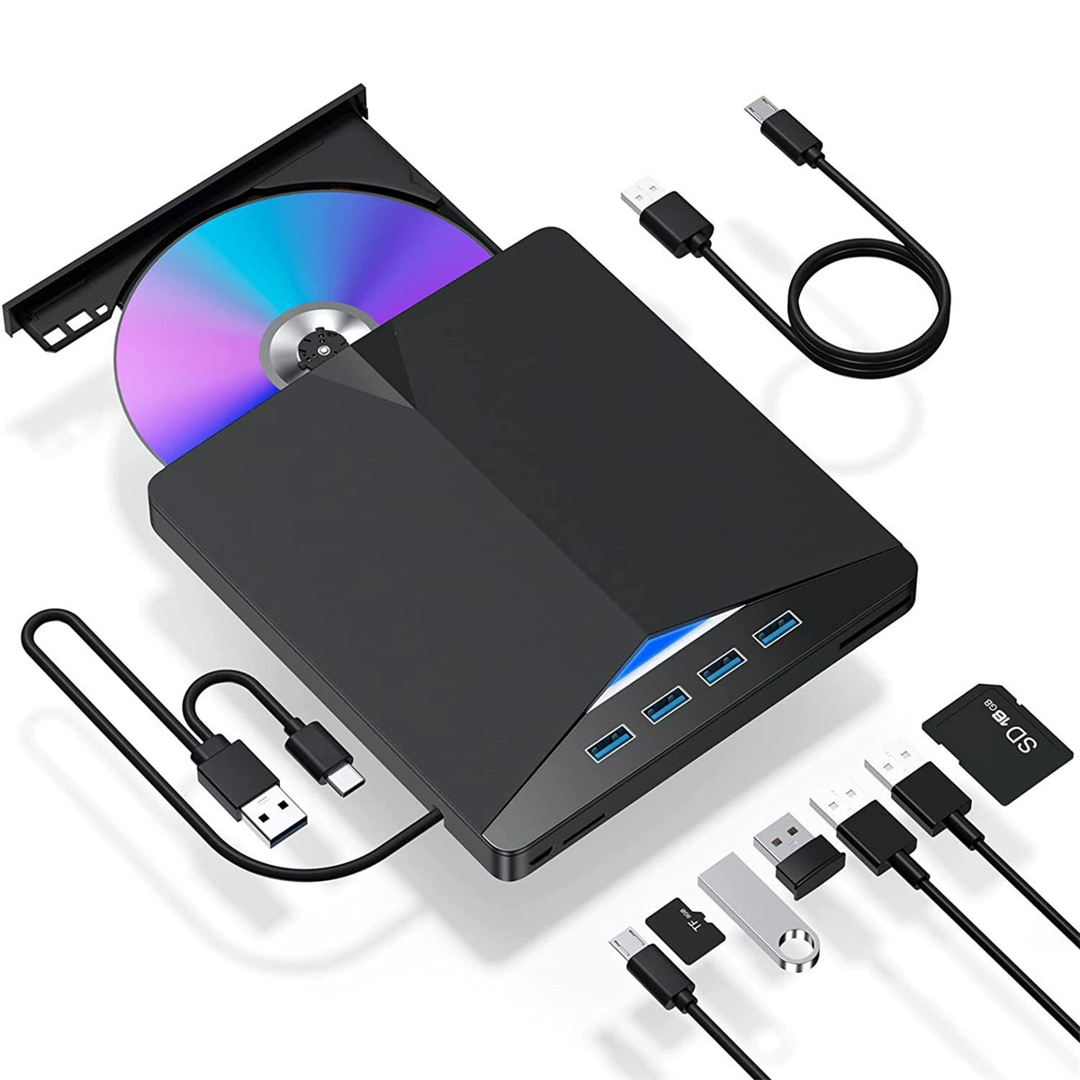 Schwarzes externes DVD-Laufwerk mit eingelegter CD. Verschiedene Anschlüsse und Kabel sind zu sehen.
