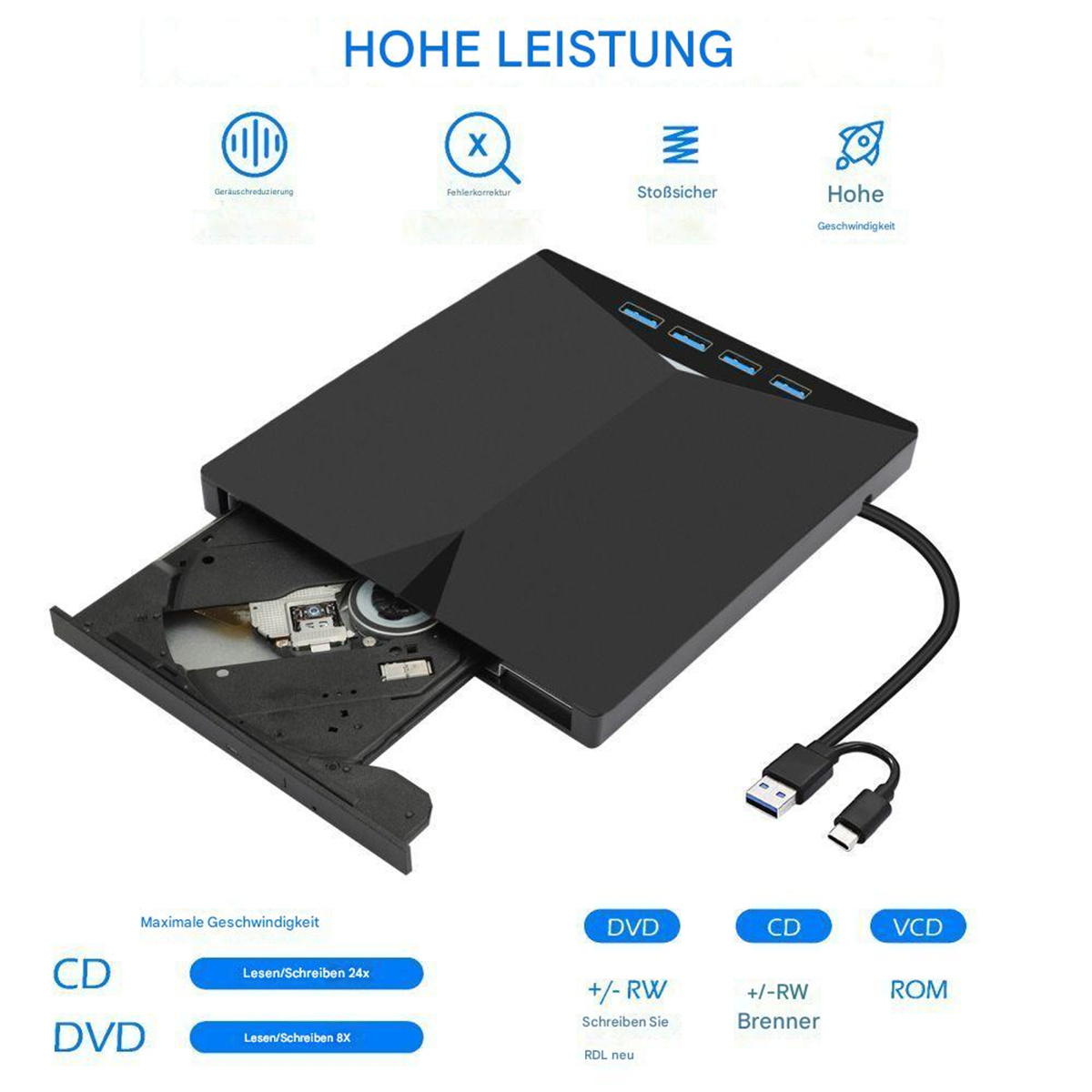 Ein schwarzes externes CD/DVD-Laufwerk mit USB-Kabel und Symbolen, die seine Funktionen detailliert beschreiben.