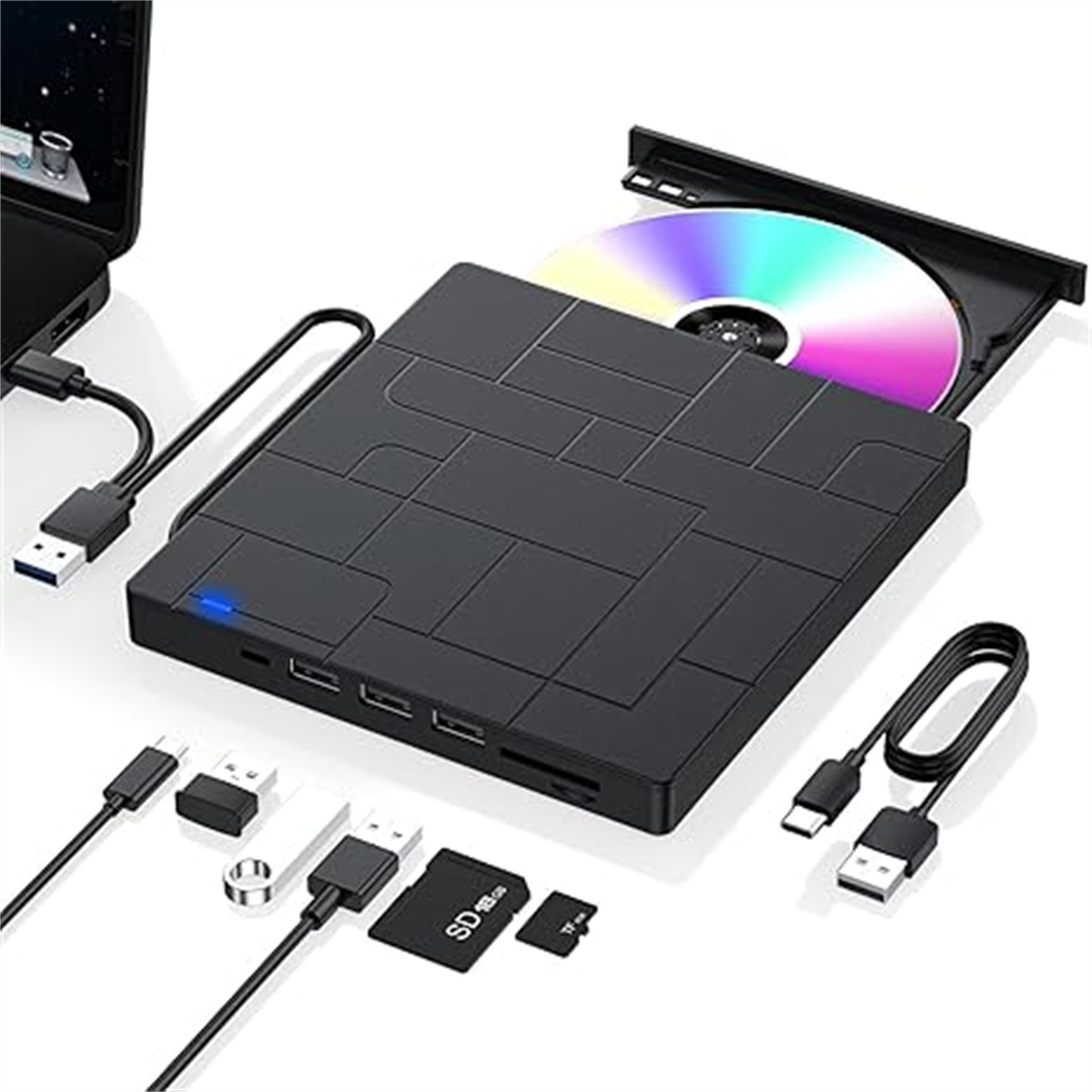 Schwarzes externes CD/DVD-Laufwerk mit USB-Kabeln und Zubehör.