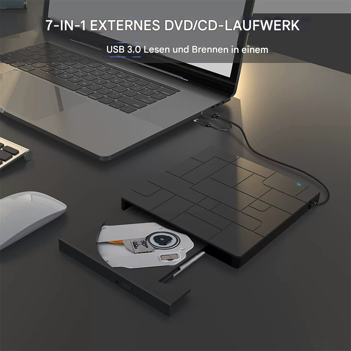 Laptop mit DVD/CD-Laufwerk. USB 3.0. Text: 7-IN-1 EXTERNES DVD/CD-LAUFWERK.