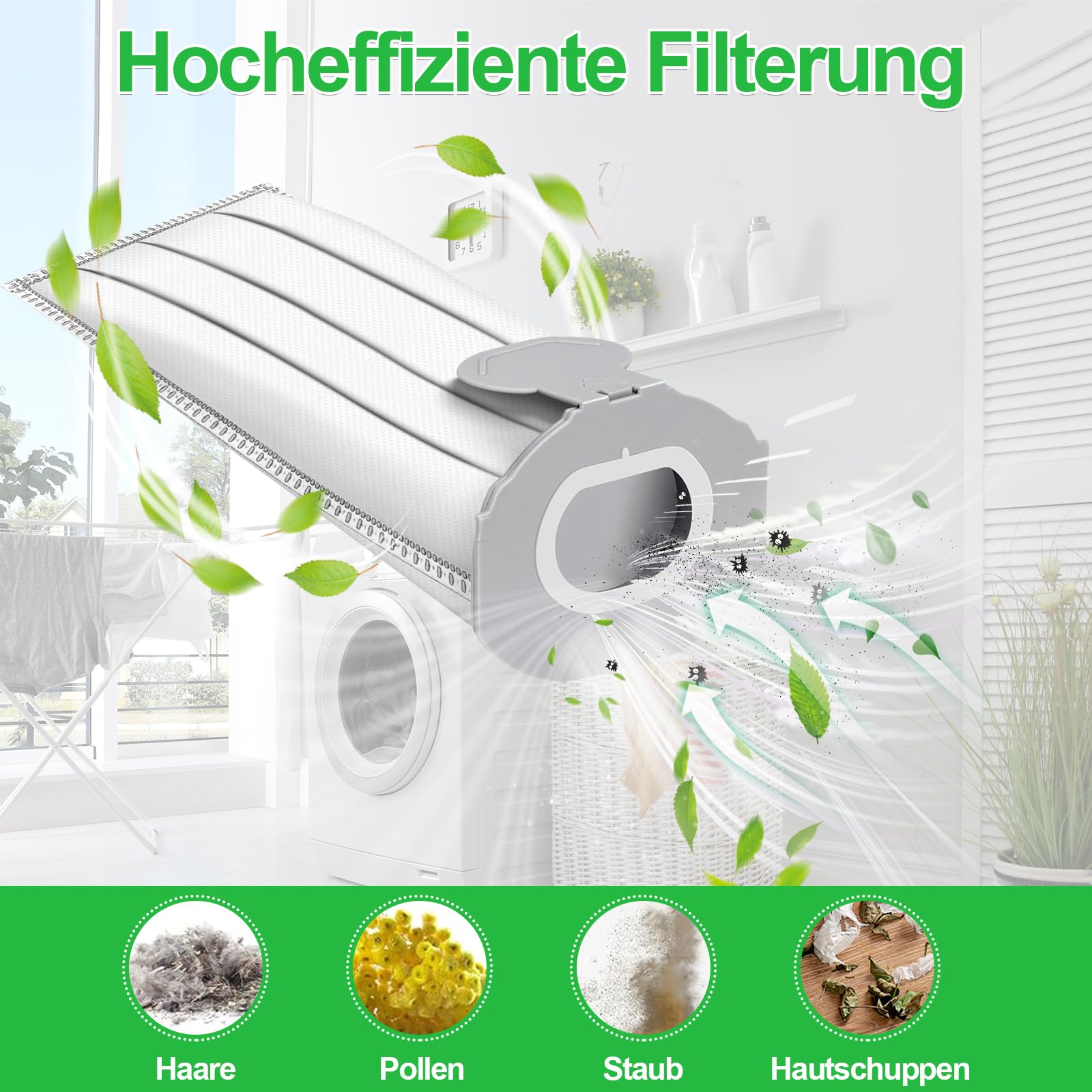 Ein Filter mit Blättern, Haaren, Pollen, Staub und Hautschuppen, mit einer Filter-Illustration.
