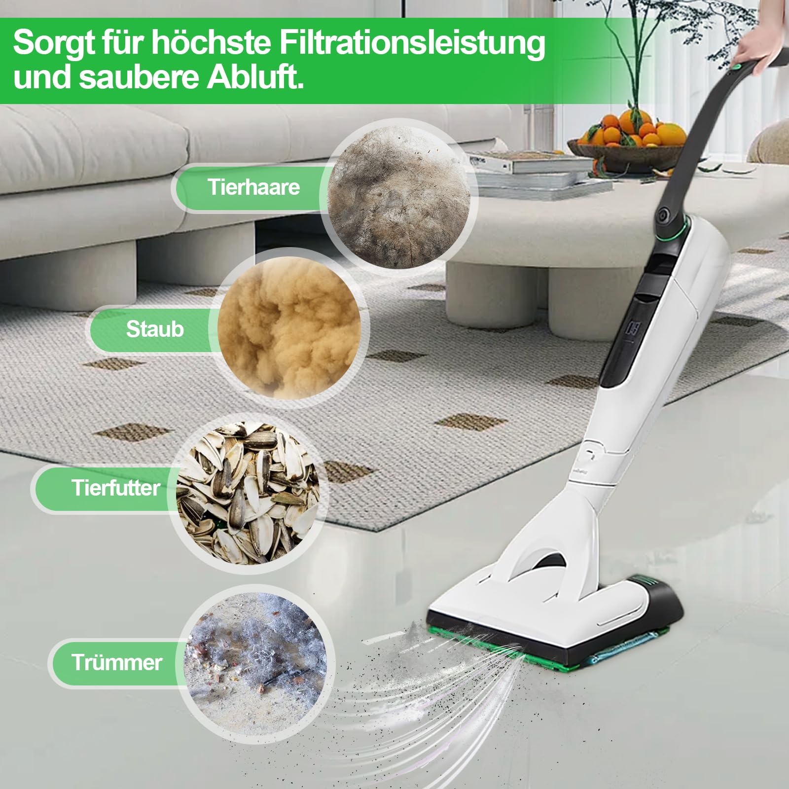 Staubsauger reinigt Schmutz. Zeigt Tierhaare, Staub, Tierfutter und andere Ablagerungen. Text: Filtrationsleistung und saubere Luft.