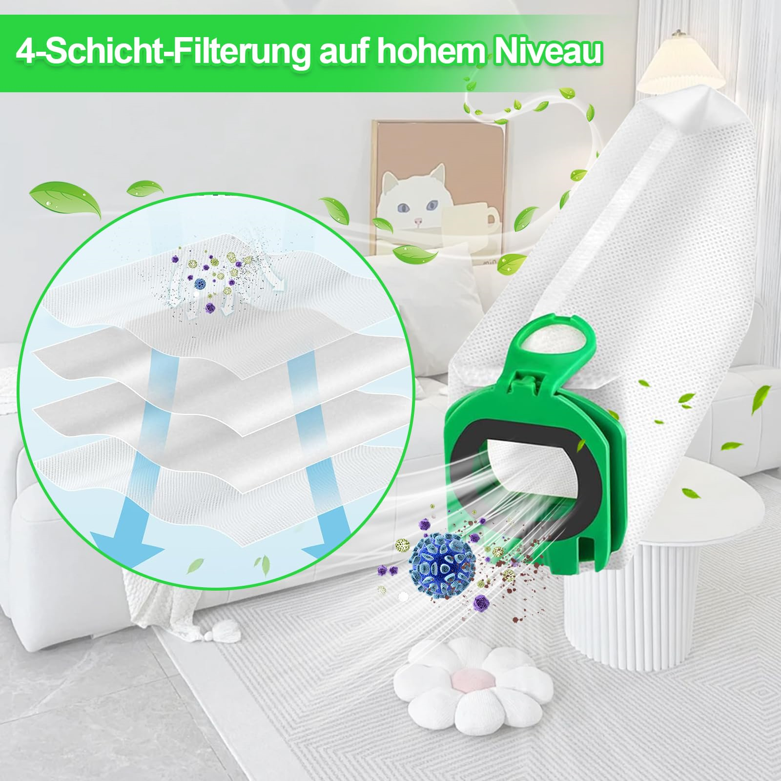 Diagramm eines Staubsaugerfilters mit mehreren Schichten, Luftreinigung.