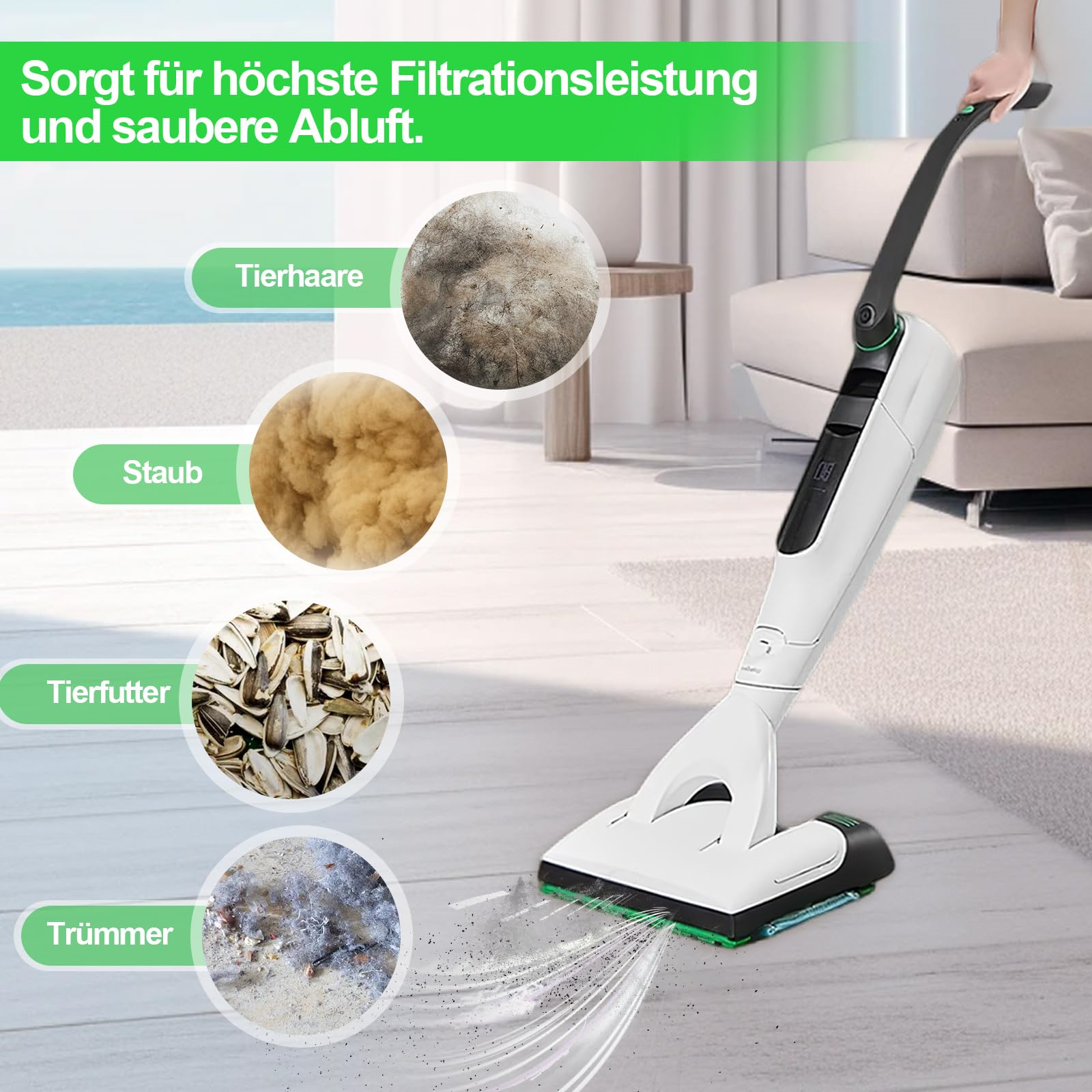 Weißer Staubsauger mit Schmutzproben: Tierhaare, Staub, Futter und Ablagerungen.