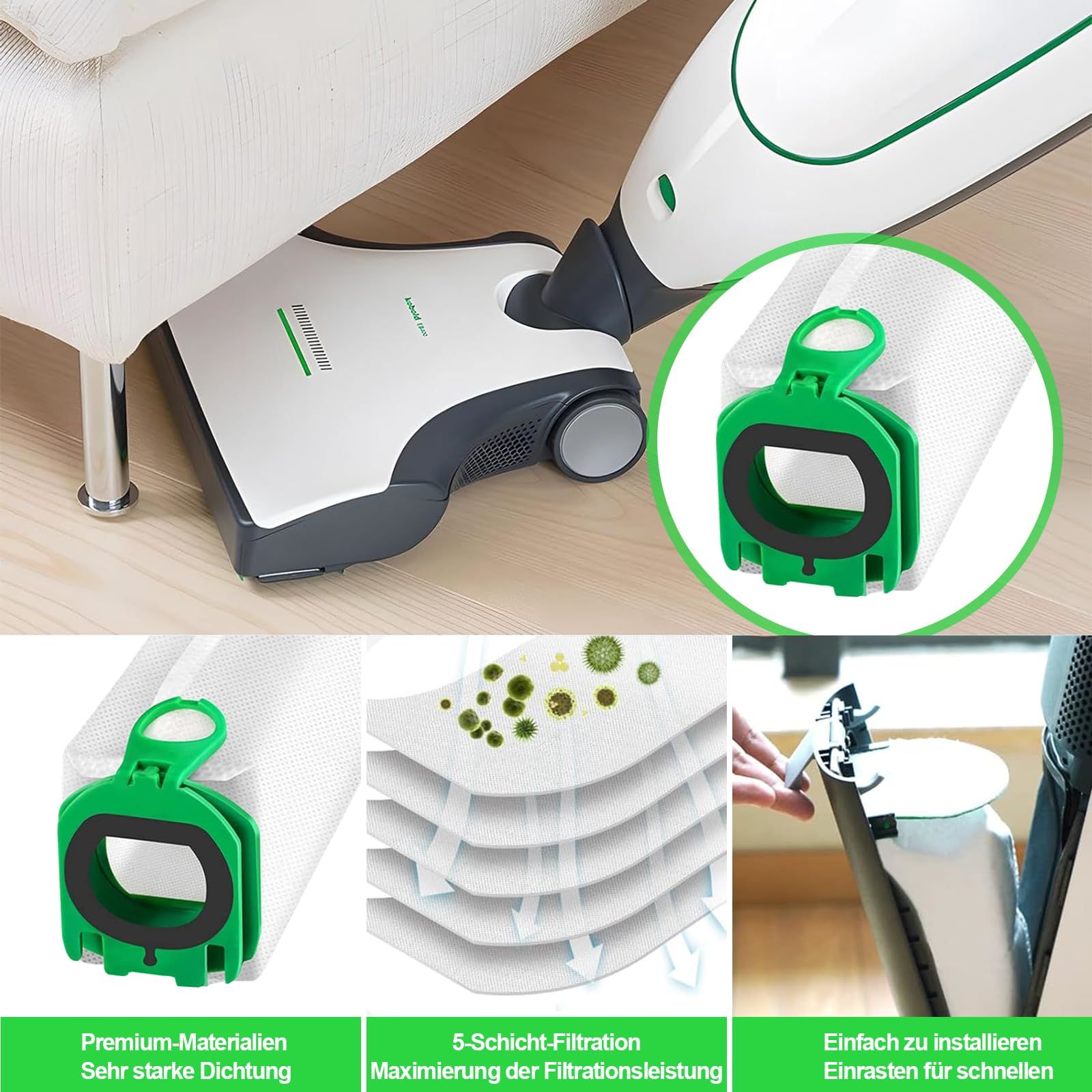 Staubsaugerfilterkomponenten. Grüne und weiße Teile. Text: 5-Schicht-Filtration. Premium-Materialien.