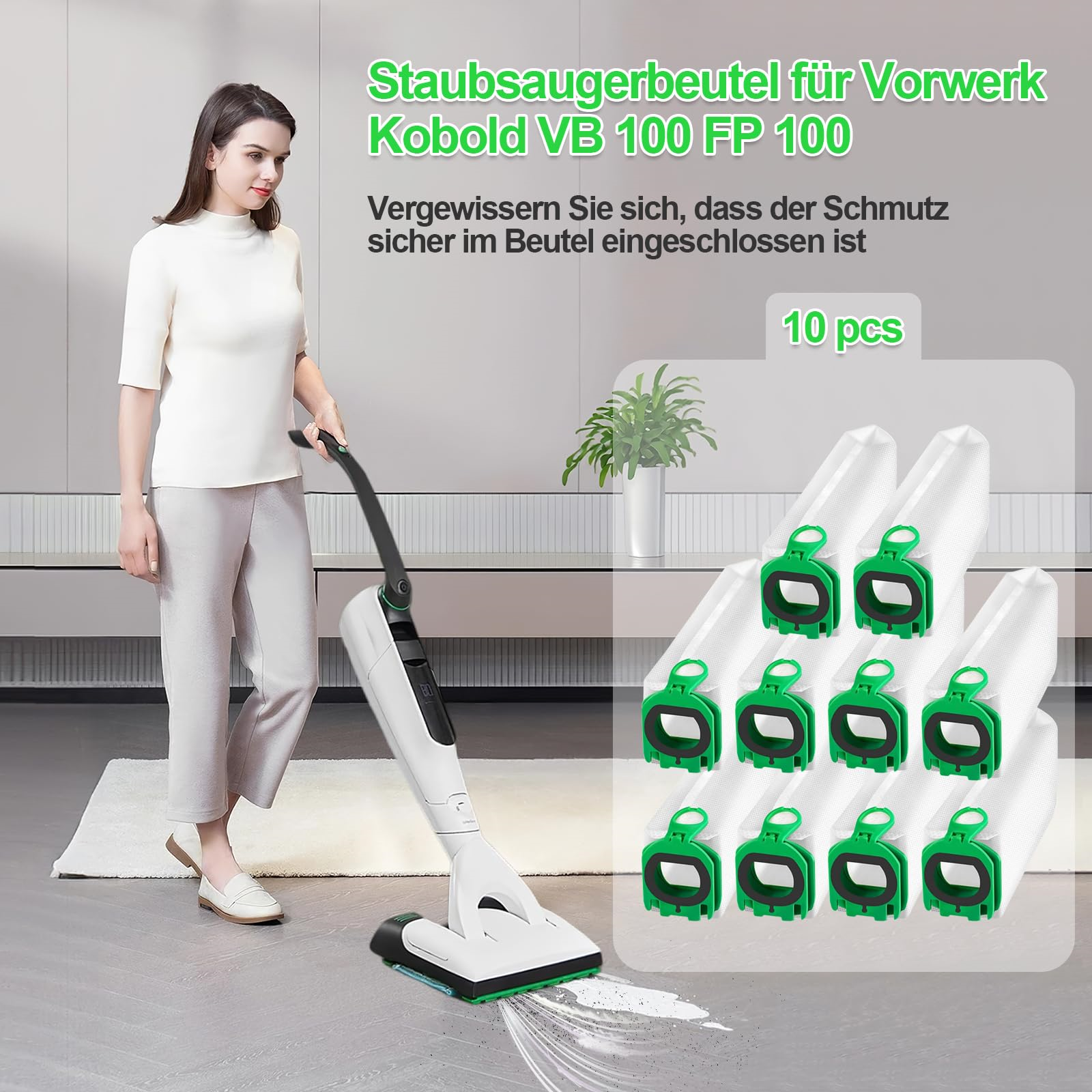 Frau putzt mit Staubsauger, mit Staubsaugerbeuteln und Text im Hintergrund. 10 Staubsaugerbeutel sind gezeigt.