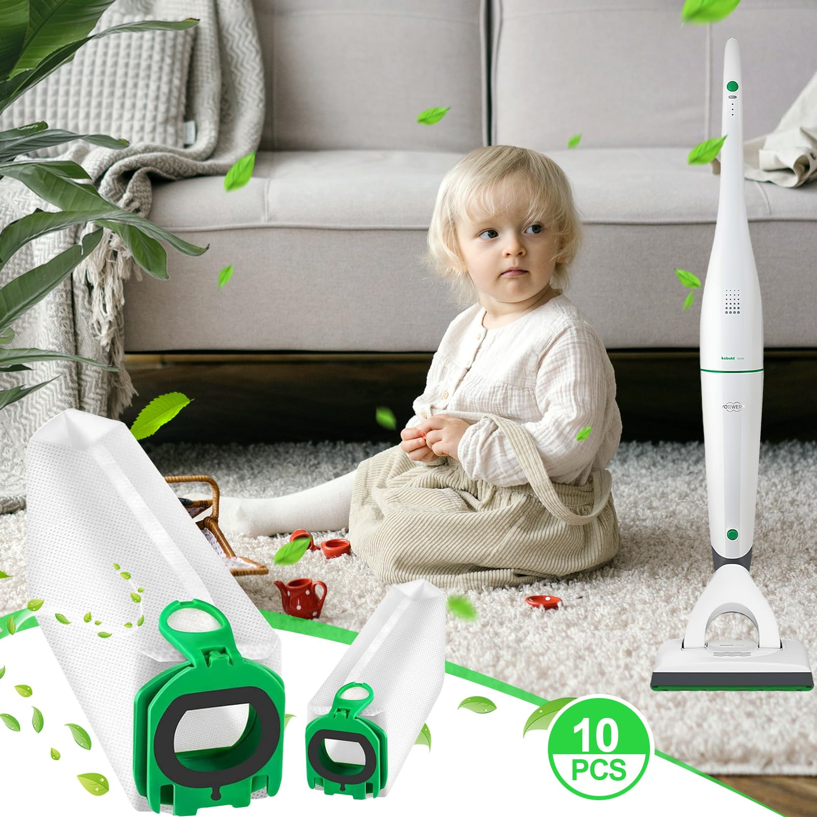 Ein Kleinkind und ein Staubsauger mit Beuteln. Der Hintergrund ist ein Raum.