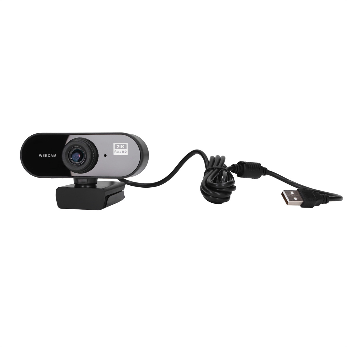 Eine Webcam auf einem Ständer mit USB-Kabel. Die Kamera ist silber und schwarz.