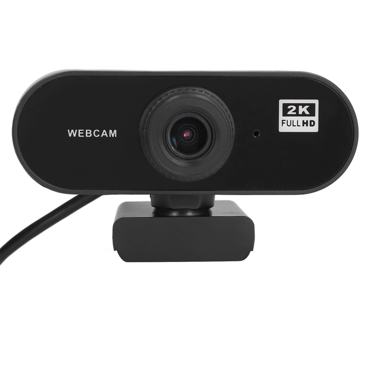 Schwarze Webcam mit Objektiv und 2K FULL HD-Label. Sie steht auf einem Ständer auf weißem Hintergrund.