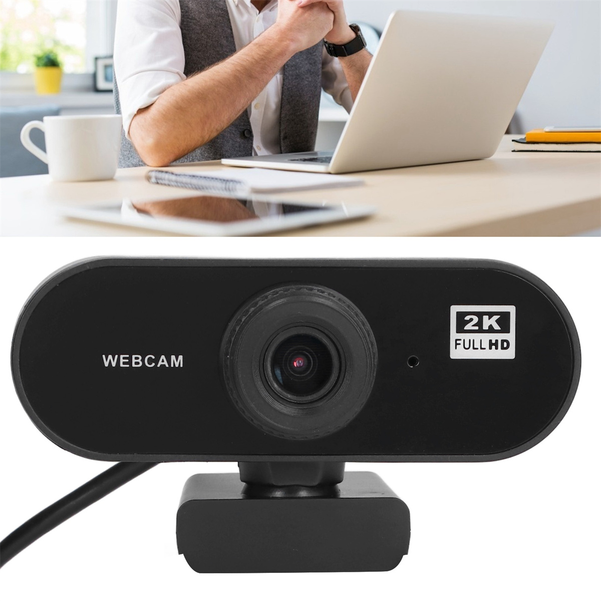 Person benutzt Laptop, Webcam darunter. Webcam ist schwarz, mit 2K Full HD.