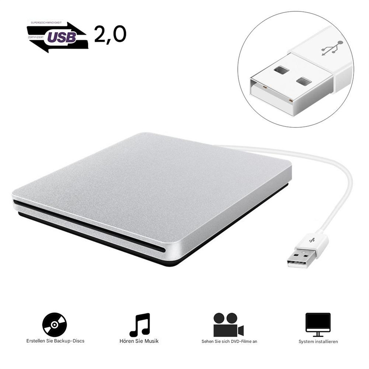 Ein silbernes Gerät mit einem USB-Kabel und einem USB-Stecker. Text: USB 2.0. Symbole für Backup, Musik, Filme und Installation.