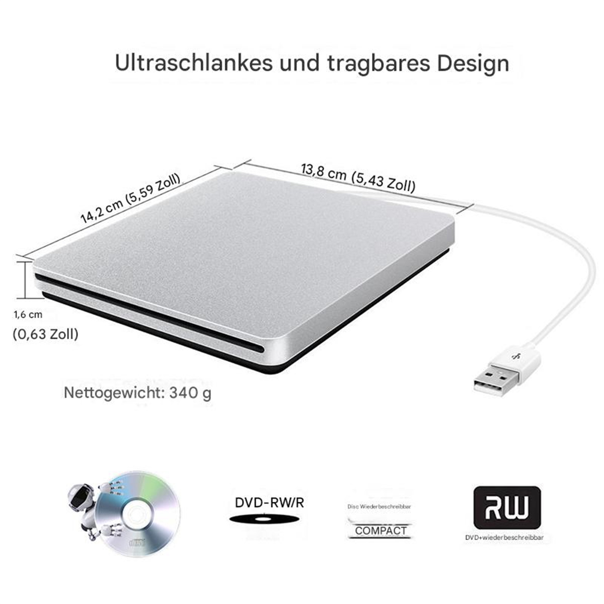 Silbernes externes DVD-Laufwerk mit Kabel und CD. Text auf Deutsch, Abmessungen sichtbar.