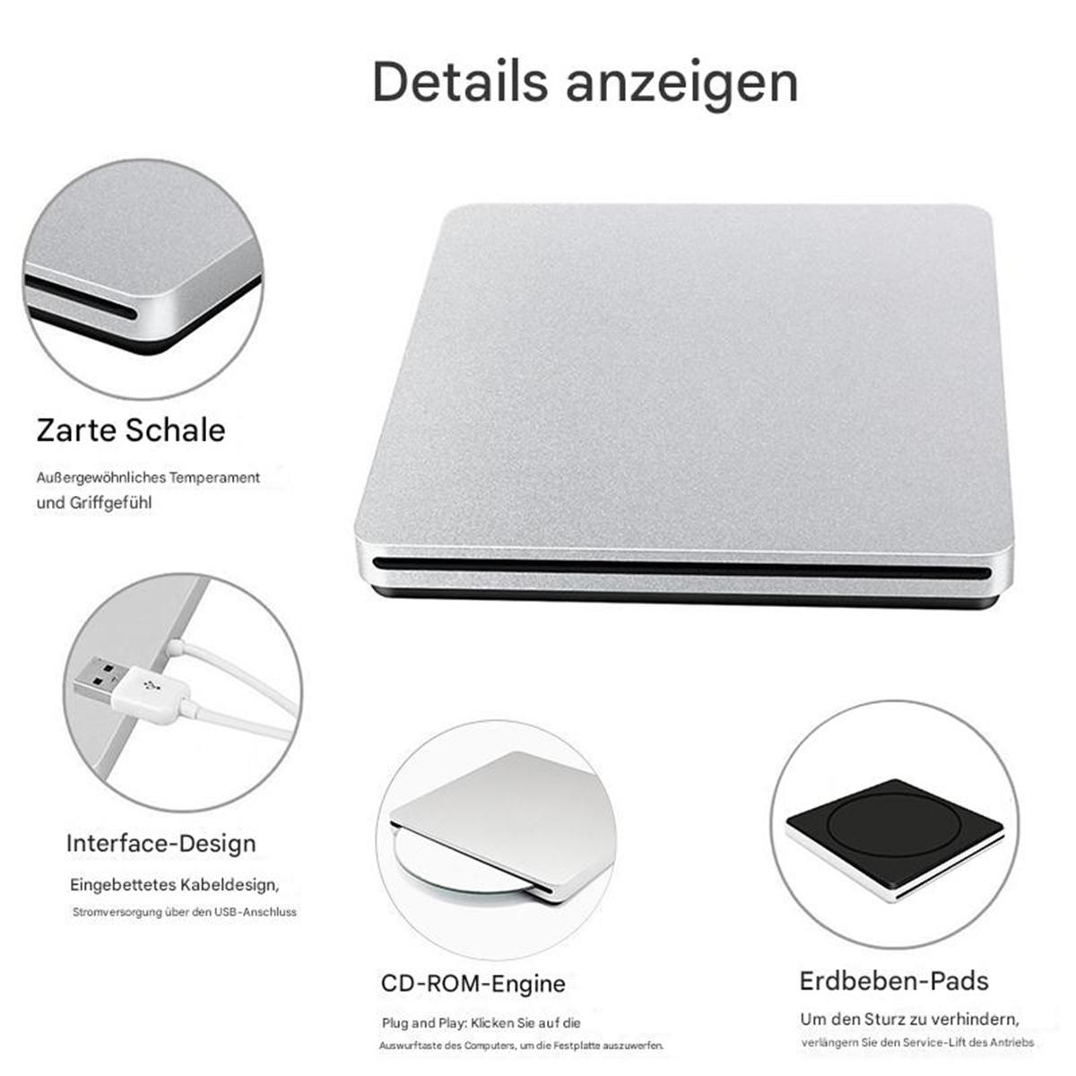 Silbernes externes CD/DVD-Laufwerk. Zeigt Details wie Design und Kabel.