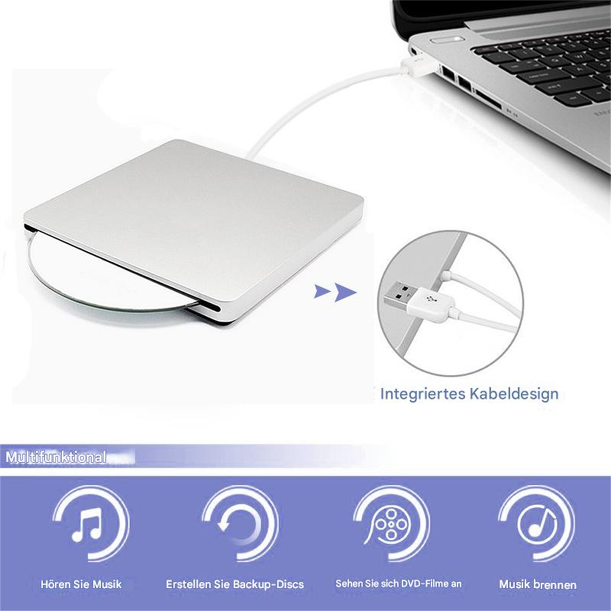 Silbernes externes DVD-Laufwerk mit Laptop verbunden. Icons zeigen Funktionen: Musik, Backup, DVD, Musik.