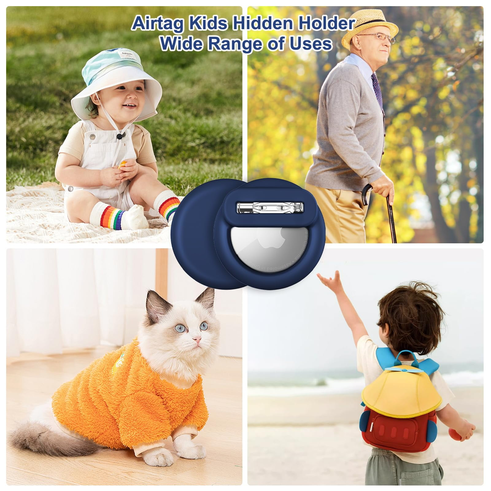 Collage: Baby, älterer Mann, Katze im Pullover und Kind mit Rucksack, in der Nähe eines blauen Halters.