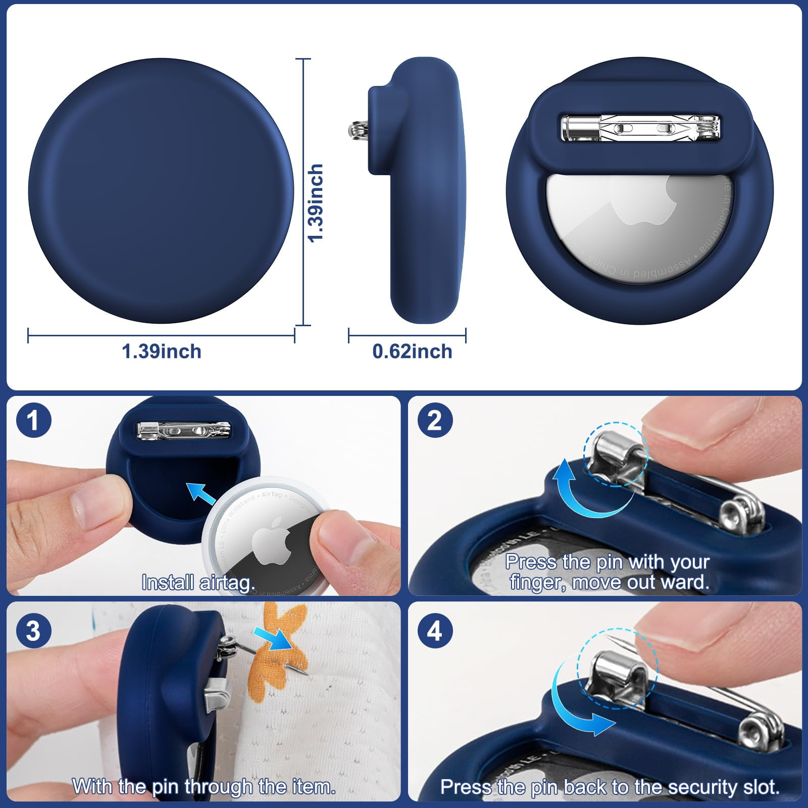 AirTag-Halter mit Anleitungen zur Stiftinstallation, die zeigen, wie der Stift eingesetzt und befestigt wird.